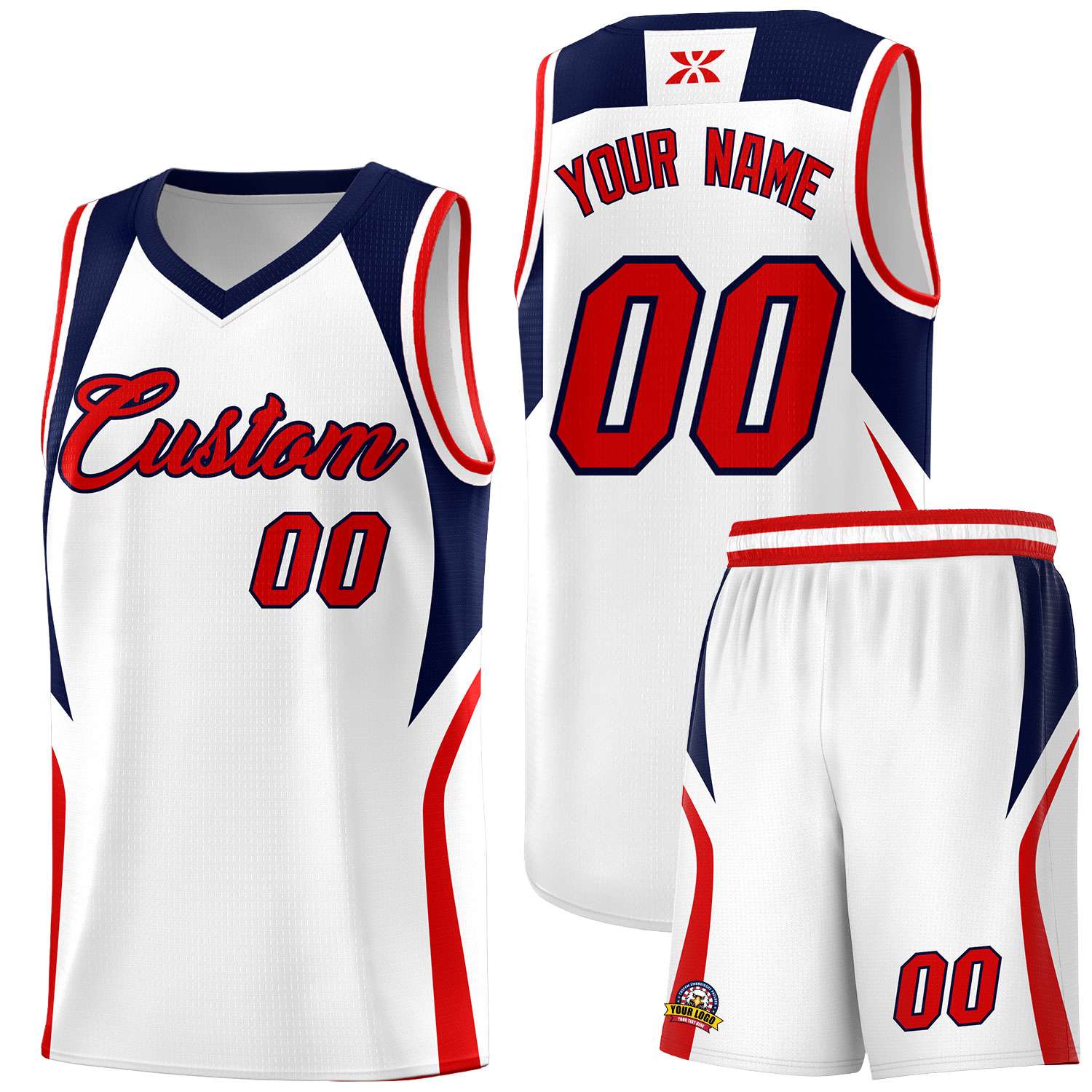 Custom White Navy and Red Color Block Sports Uniform Basketball Jersey