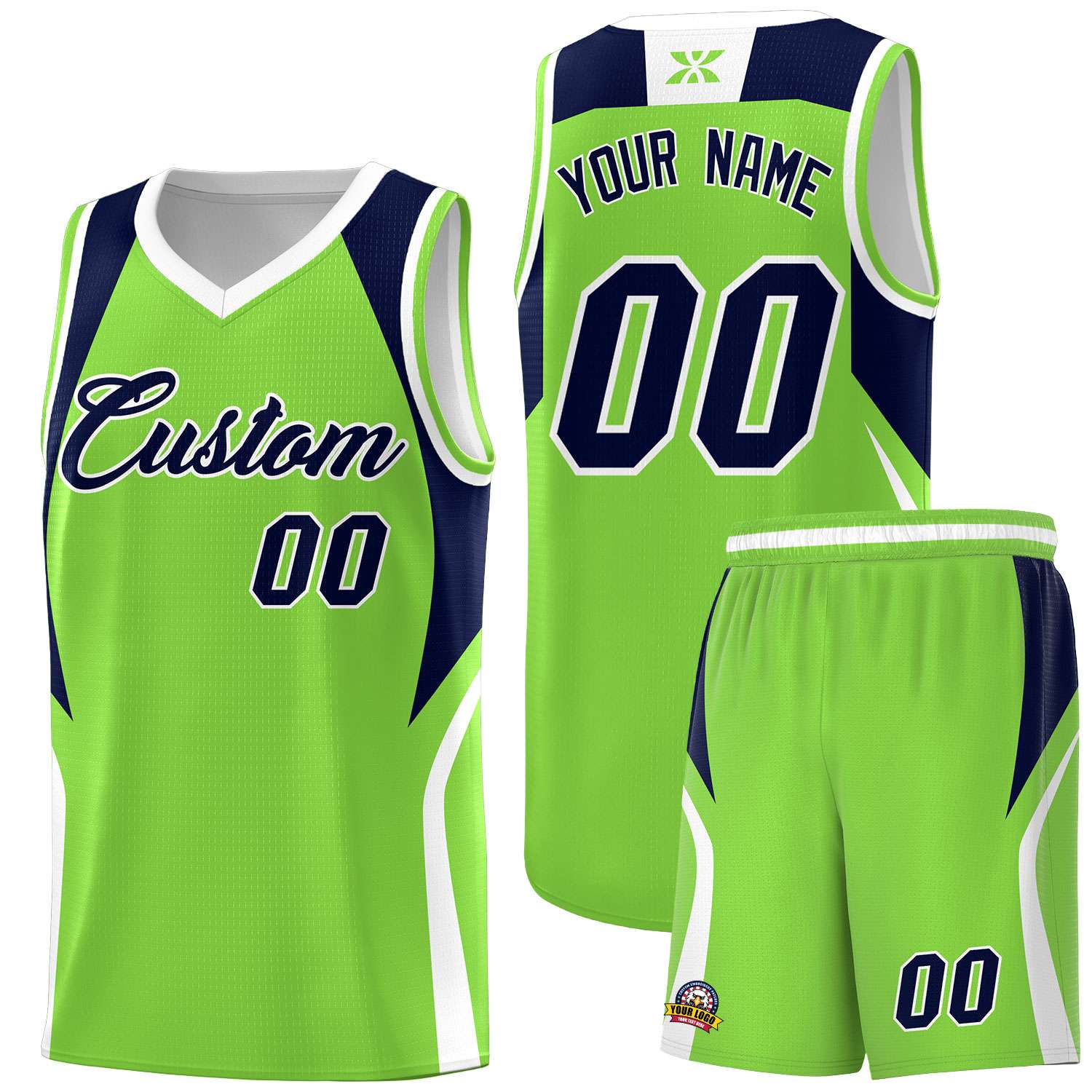 Custom Neon Green Navy and White Color Block Sports Uniform Basketball Jersey
