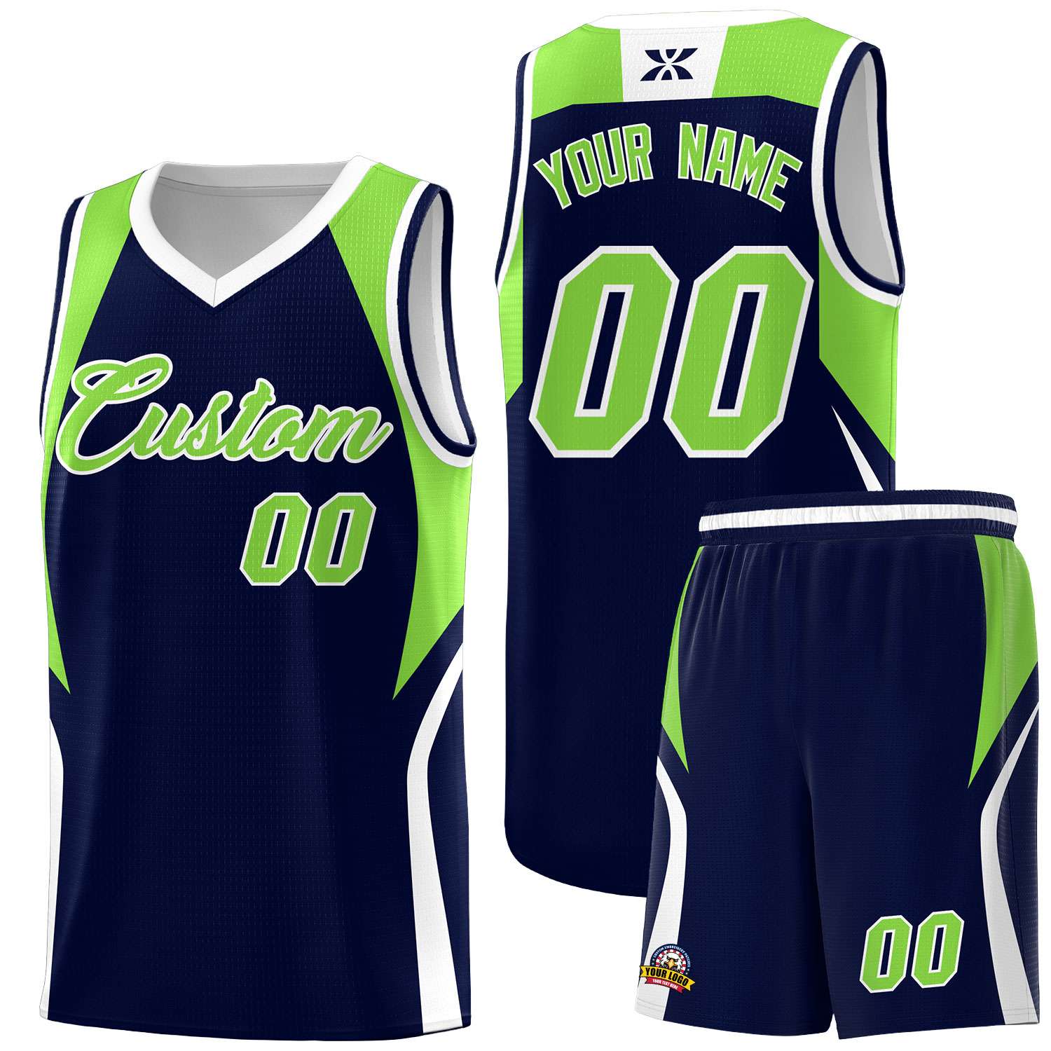 Custom Navy Neon Green and White Color Block Sports Uniform Basketball Jersey