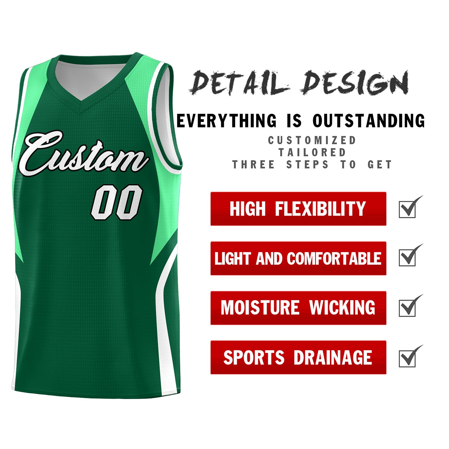 Custom Kelly Green Green and White Color Block Sports Uniform Basketball Jersey