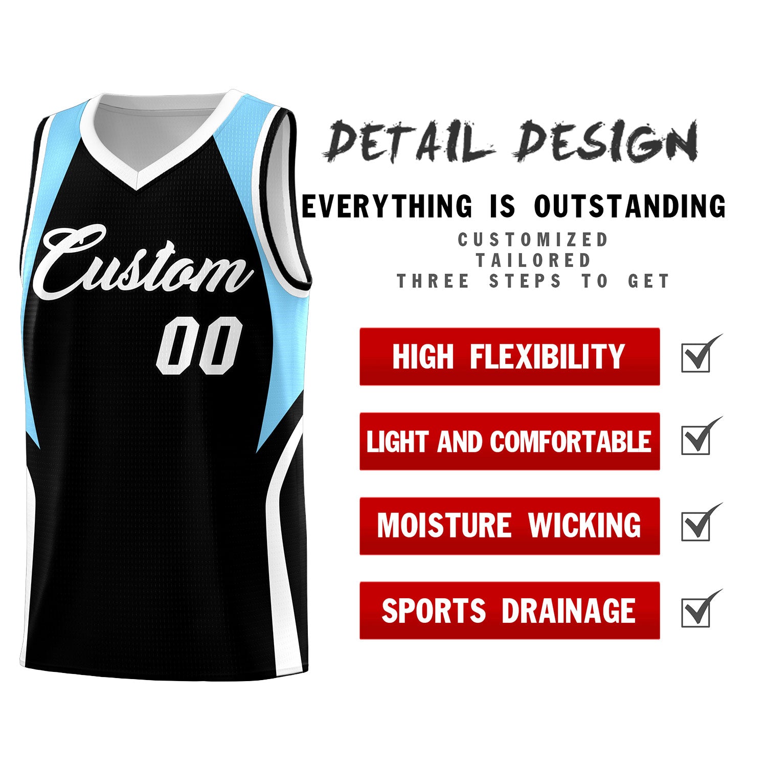 Custom Black Light Blue and White Color Block Sports Uniform Basketball Jersey