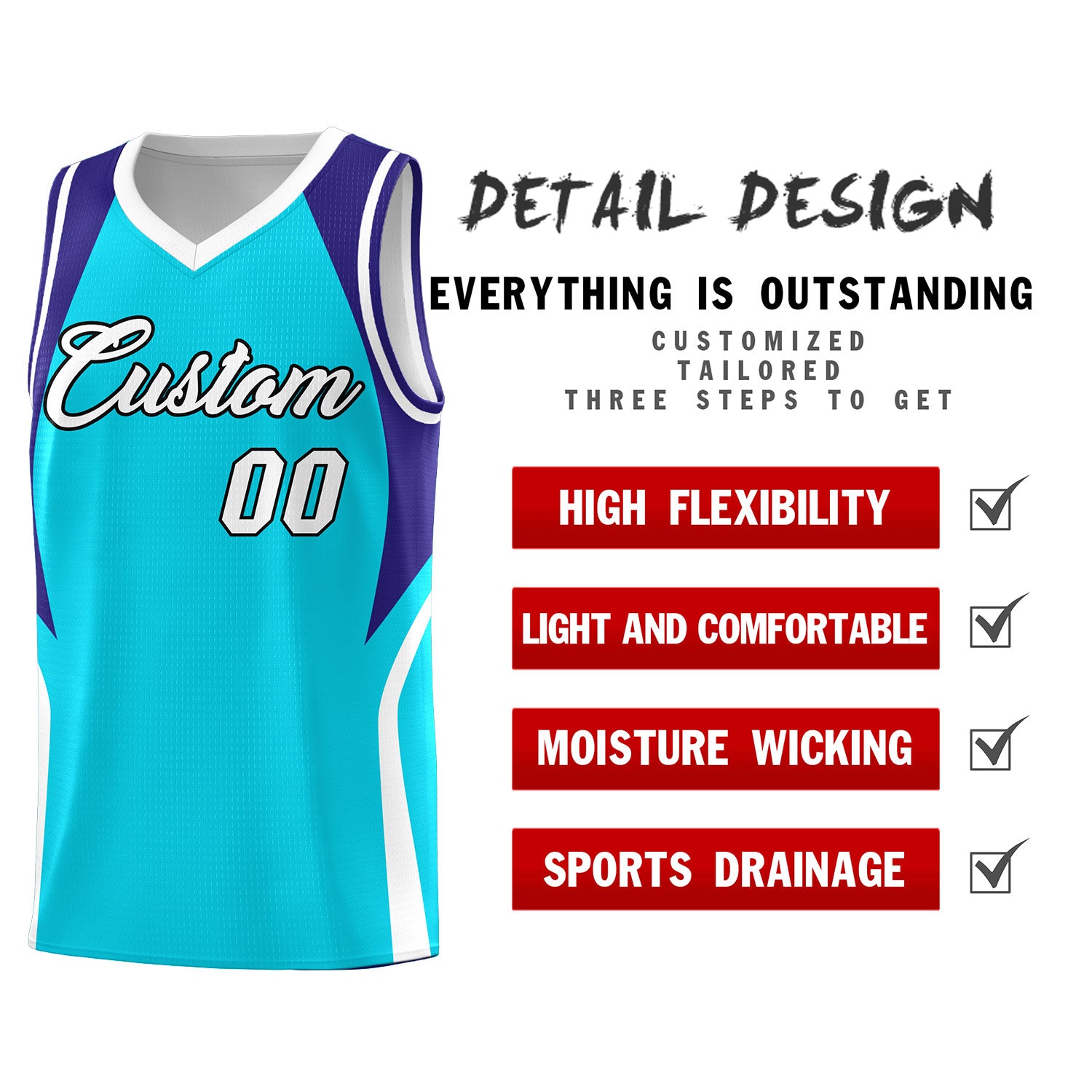 Custom Sky Blue Royal and White Color Block Sports Uniform Basketball Jersey