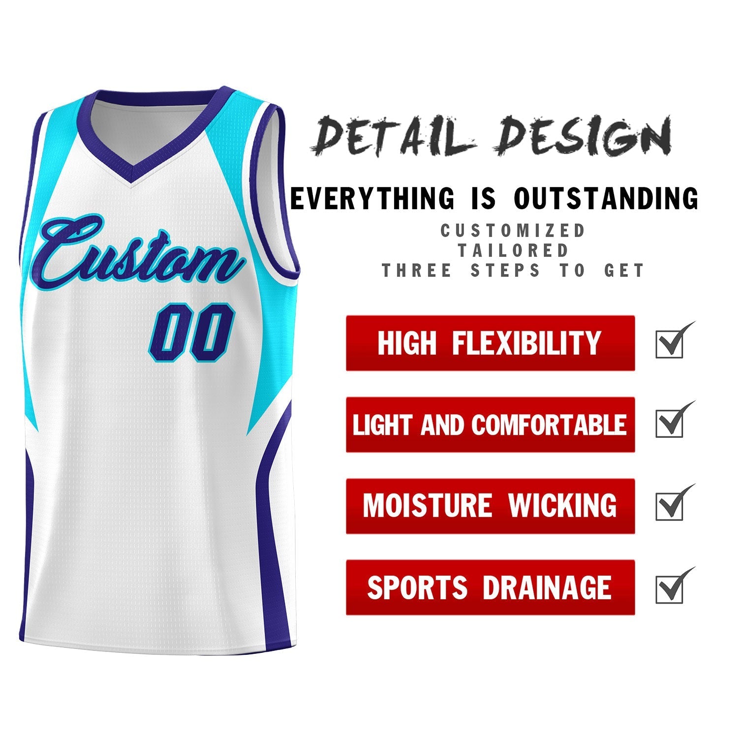 Custom White Sky Blue and Royal Color Block Sports Uniform Basketball Jersey