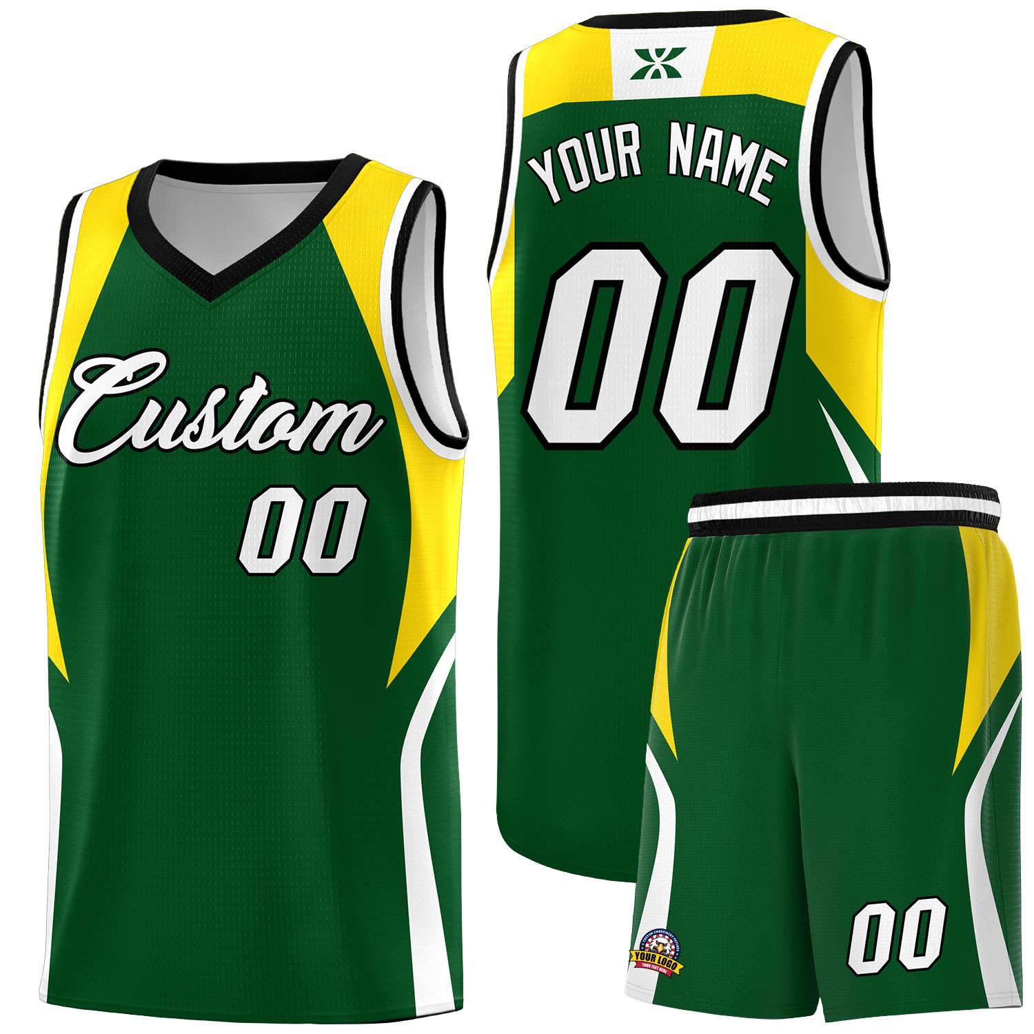 Custom Hunter Green Gold and White Color Block Sports Uniform Basketball Jersey