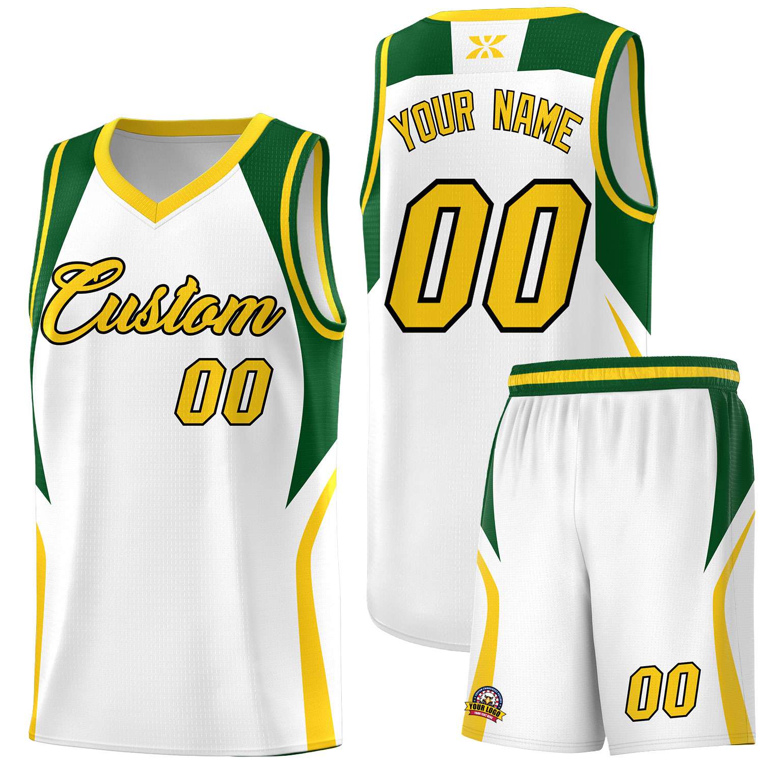 Custom White Hunter Green and Gold Color Block Sports Uniform Basketball Jersey