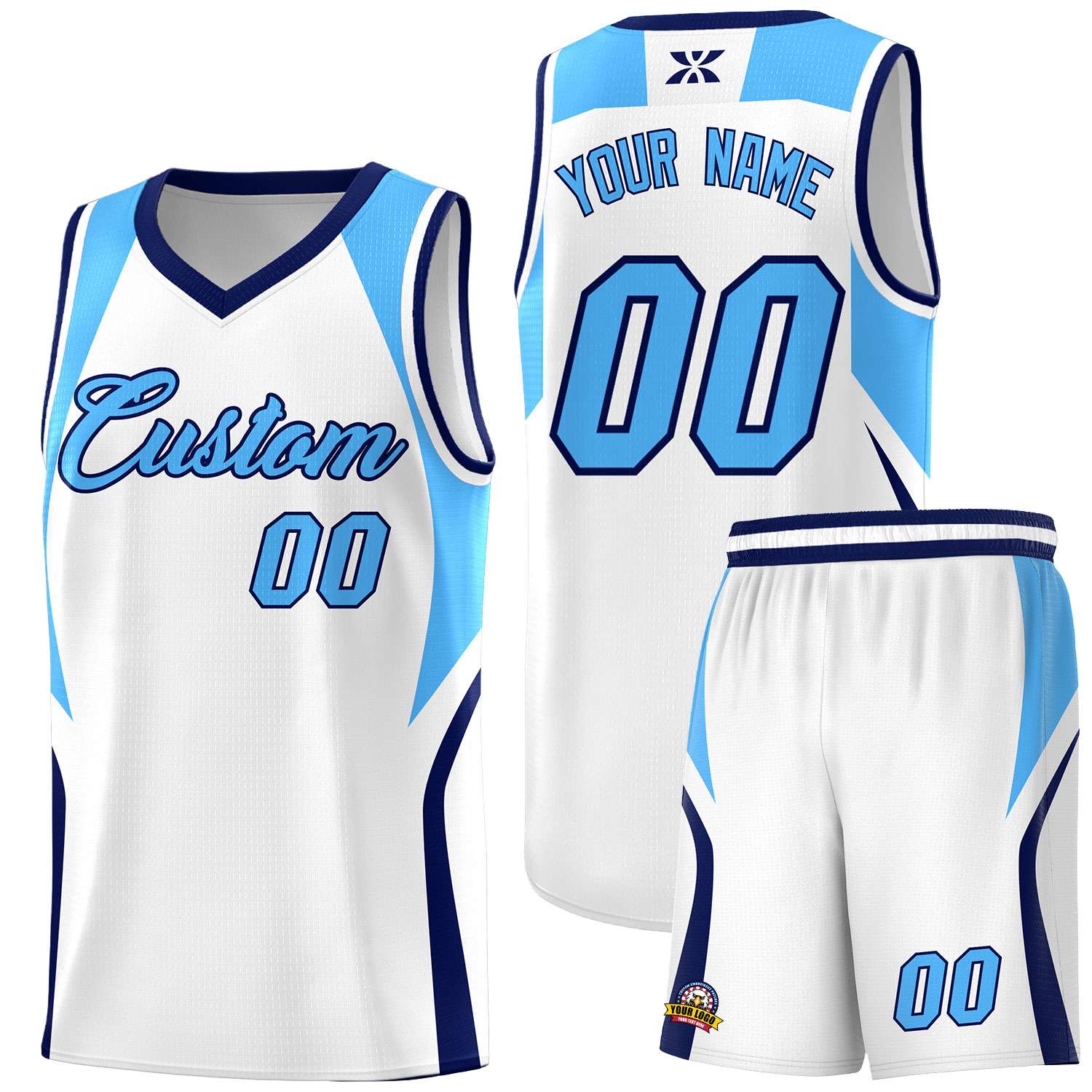 Custom White Powder Blue and Navy Color Block Sports Uniform Basketball Jersey