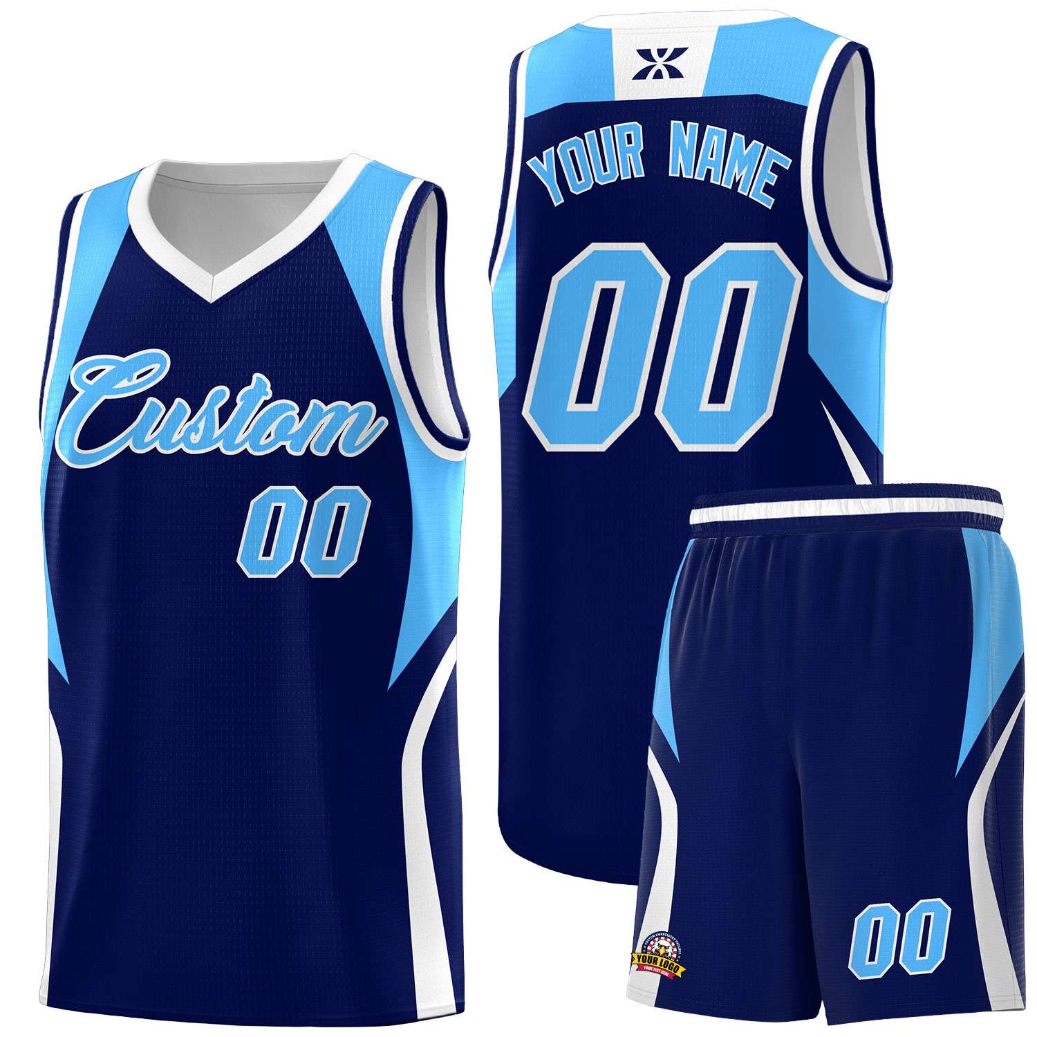 Custom Navy Powder Blue and White Color Block Sports Uniform Basketball Jersey