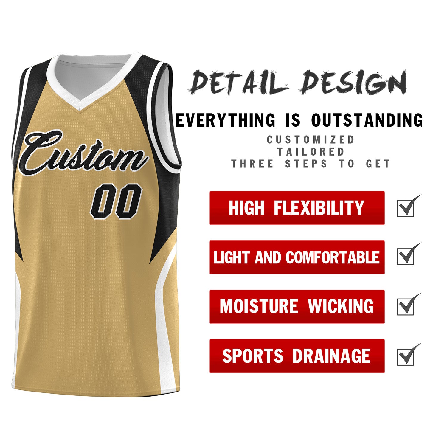 Custom Old Gold Black and White Color Block Sports Uniform Basketball Jersey