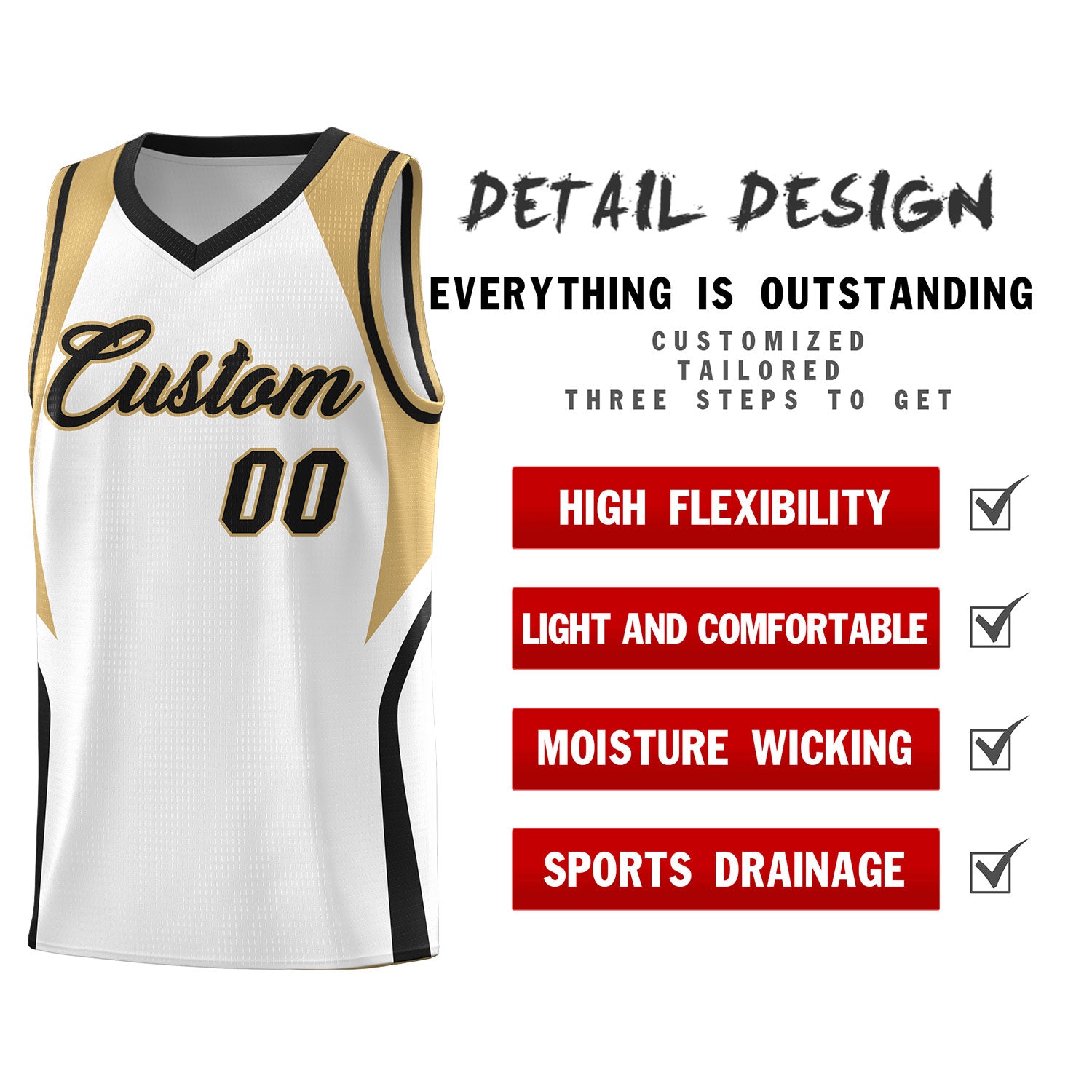 Custom White Old Gold and Black Color Block Sports Uniform Basketball Jersey