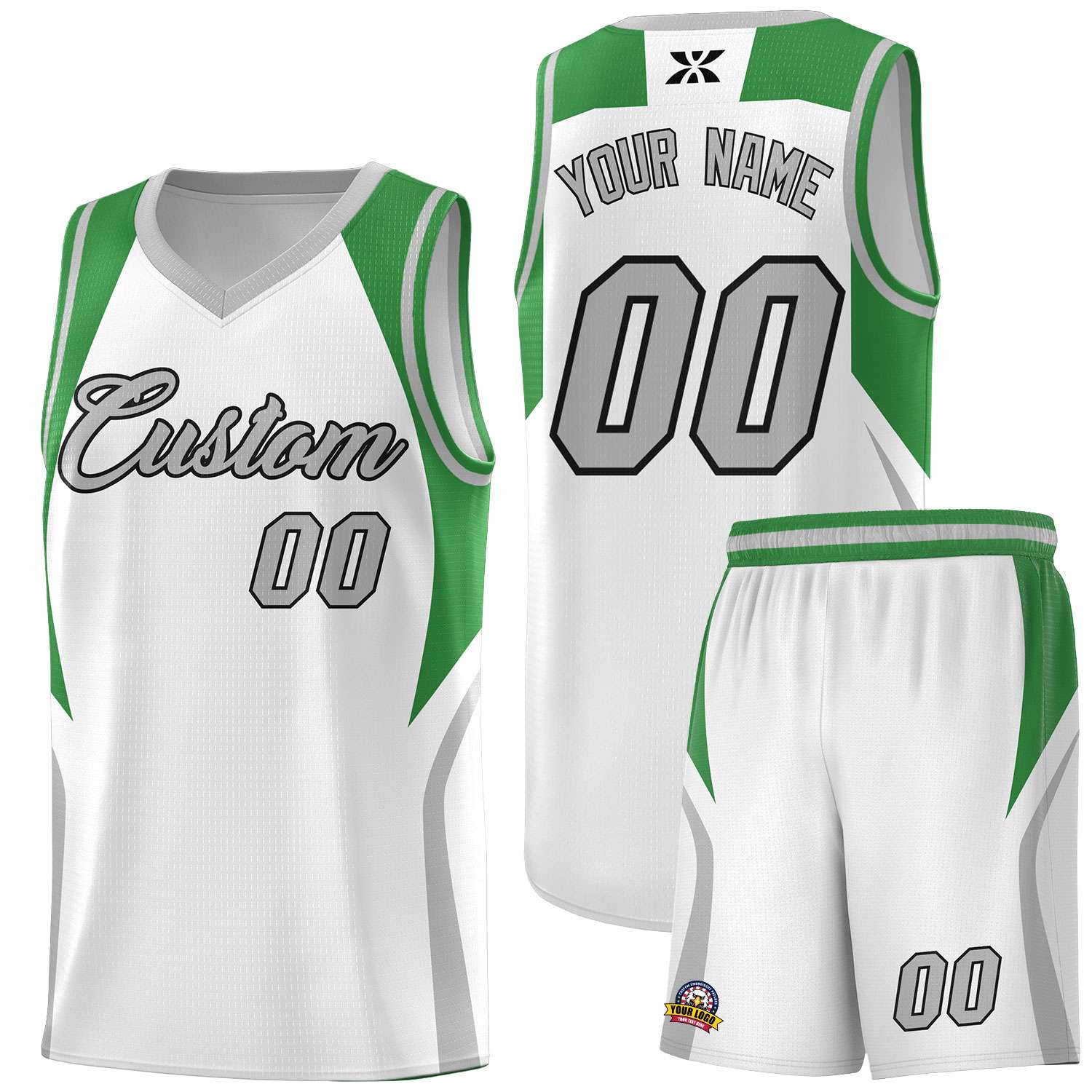 Custom White Green and Gray Color Block Sports Uniform Basketball Jersey