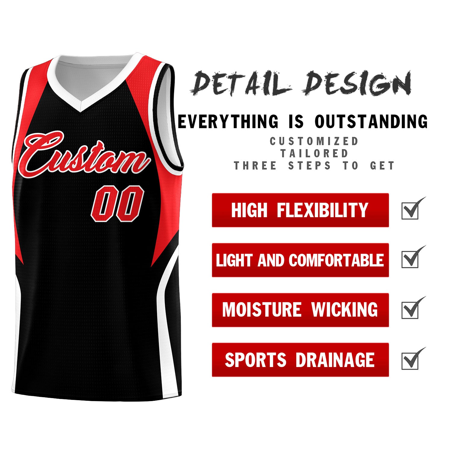 Custom Black Red and White Color Block Sports Uniform Basketball Jersey