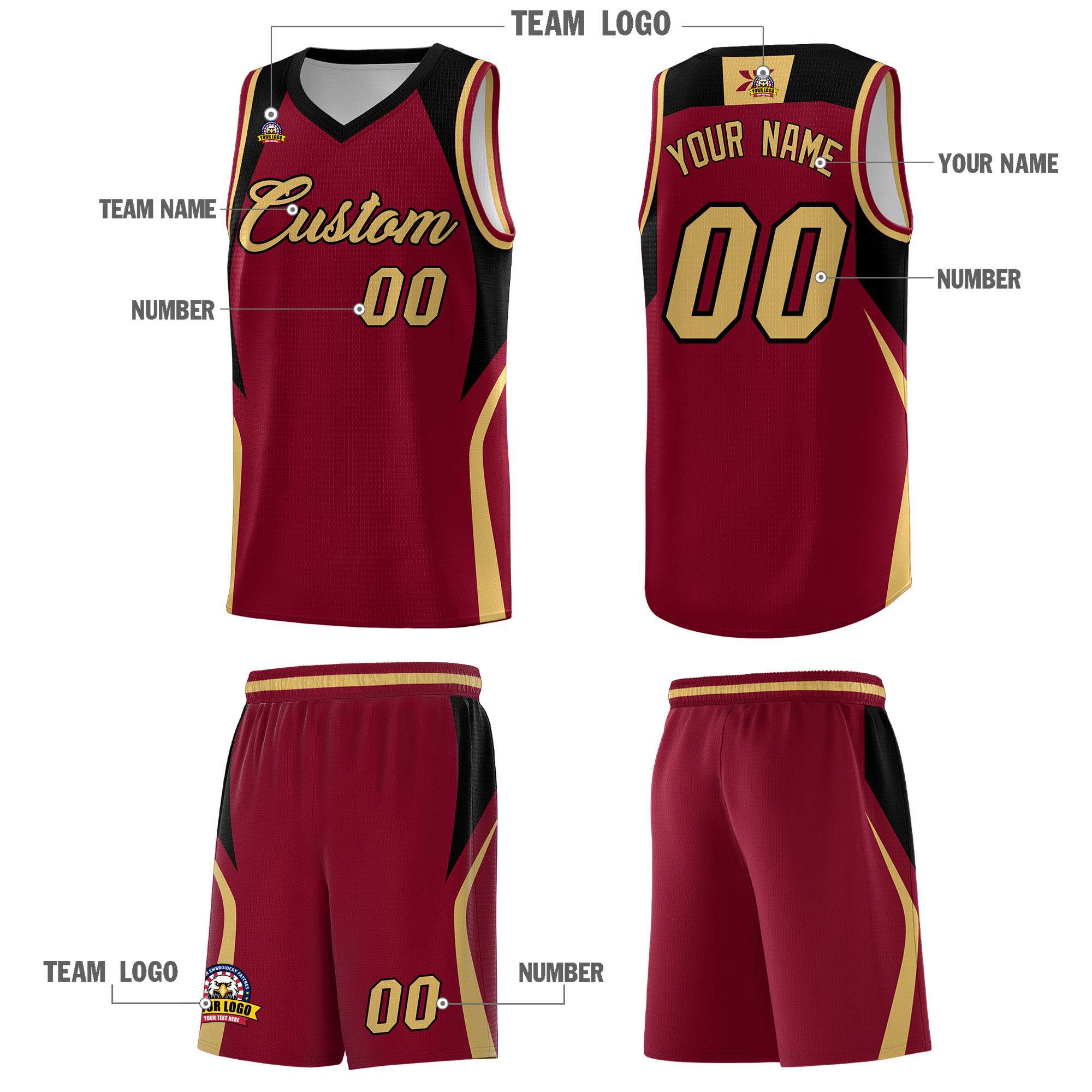 Custom Crimson Old Gold and Black Color Block Sports Uniform Basketball Jersey