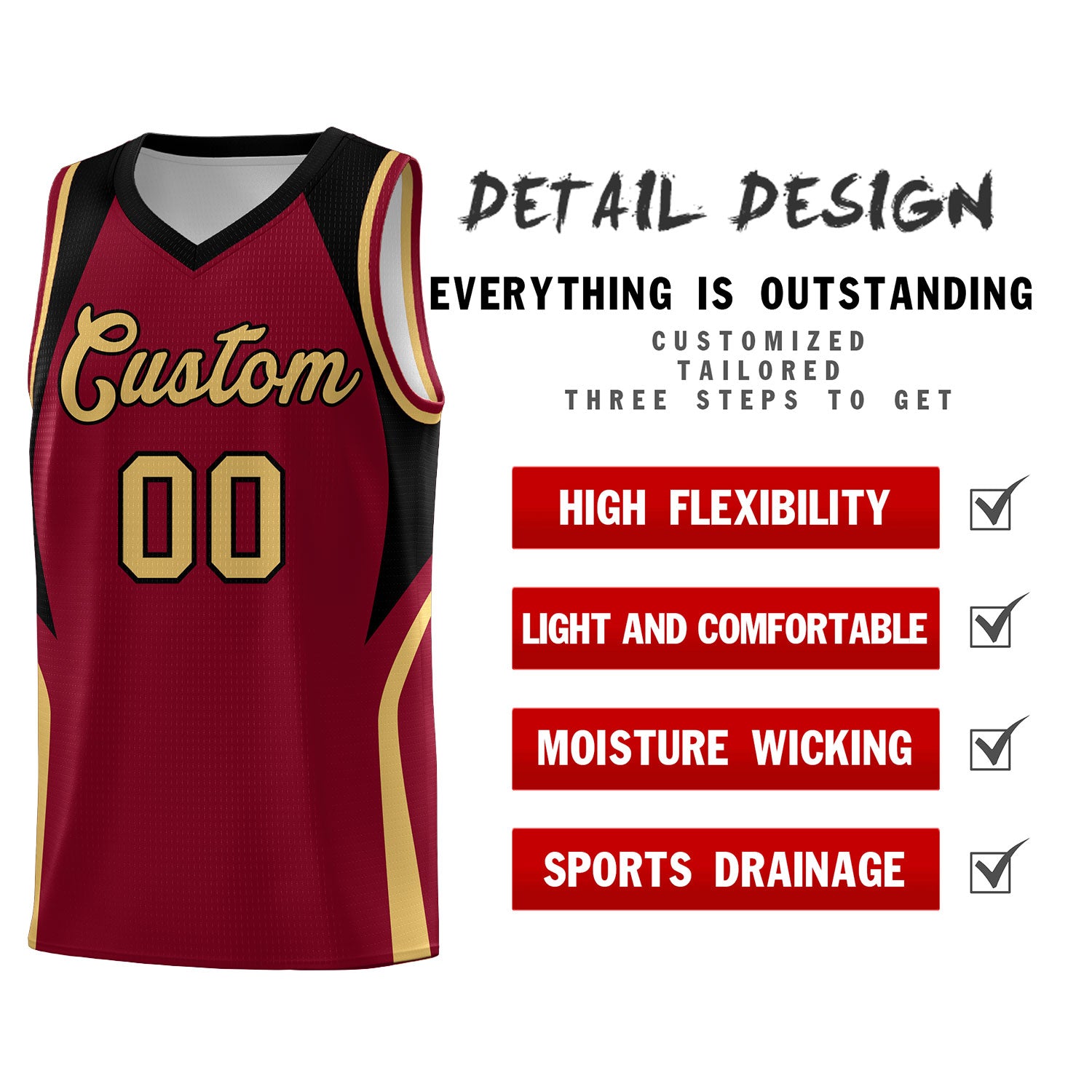 Custom Crimson Old Gold and Black Color Block Sports Uniform Basketball Jersey