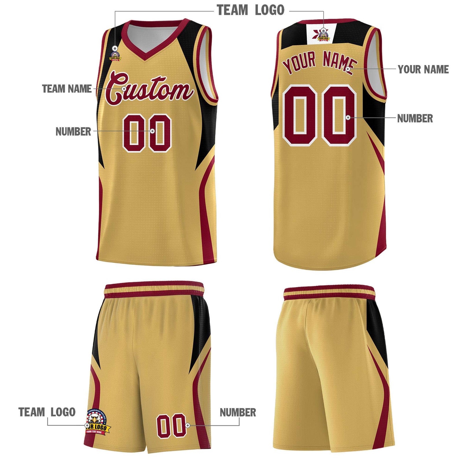 Custom Old Gold Black and Crimson Color Block Sports Uniform Basketball Jersey