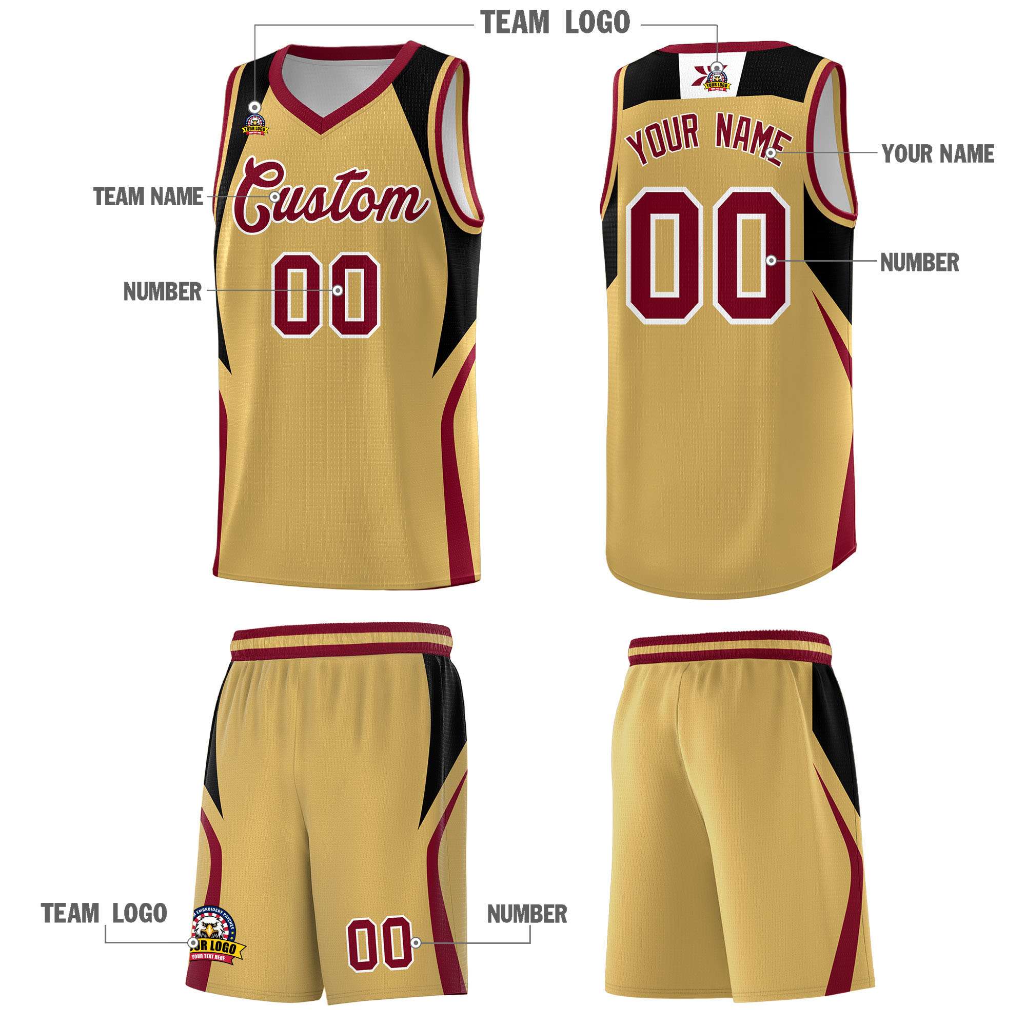 Custom Old Gold Black and Crimson Color Block Sports Uniform Basketball Jersey