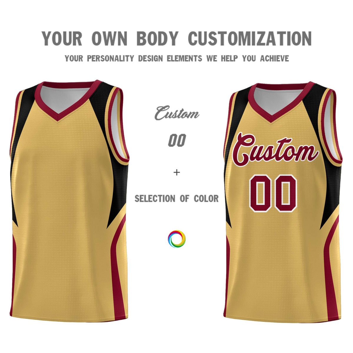 Custom Old Gold Black and Crimson Color Block Sports Uniform Basketball Jersey