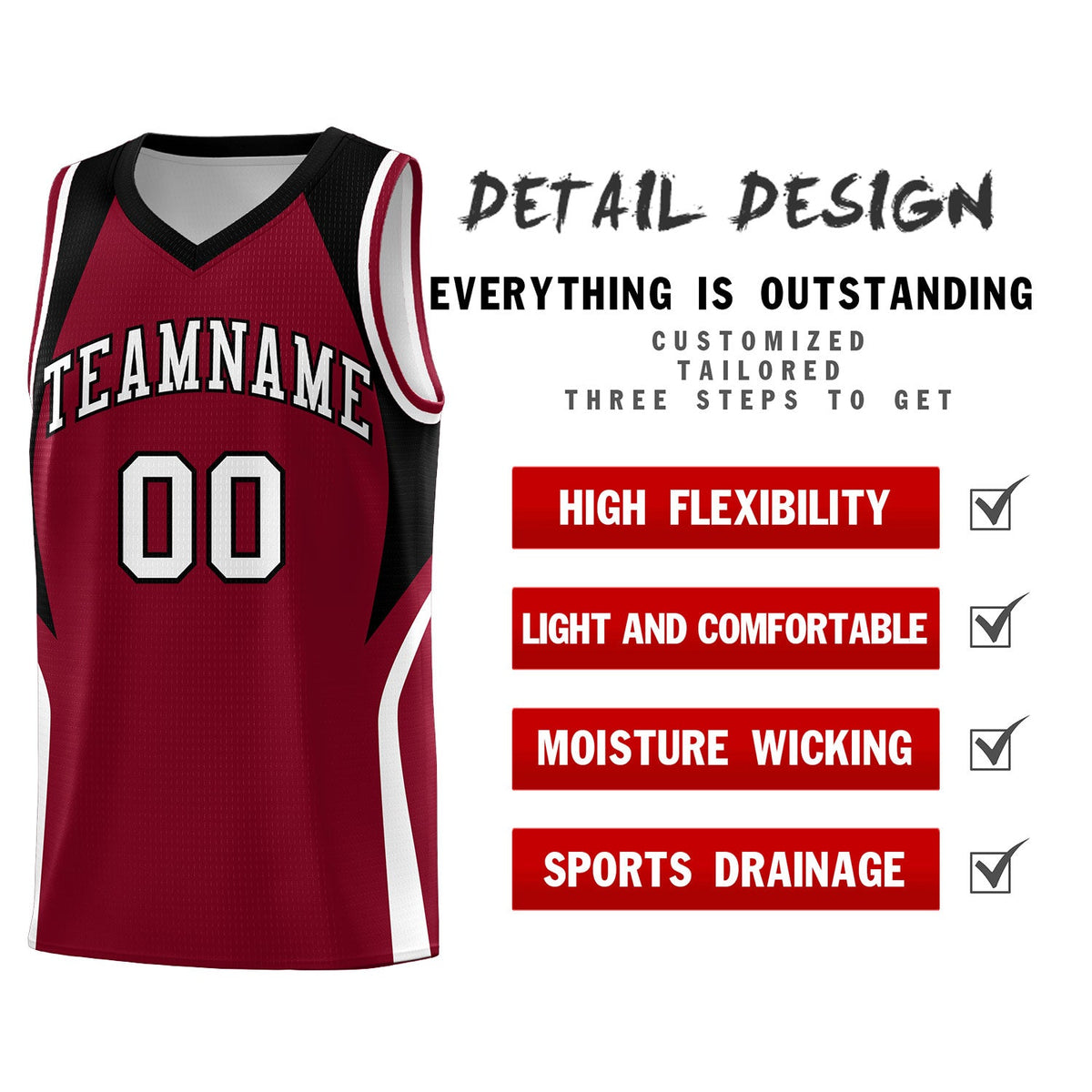 Custom Crimson Black and White Color Block Sports Uniform Basketball Jersey
