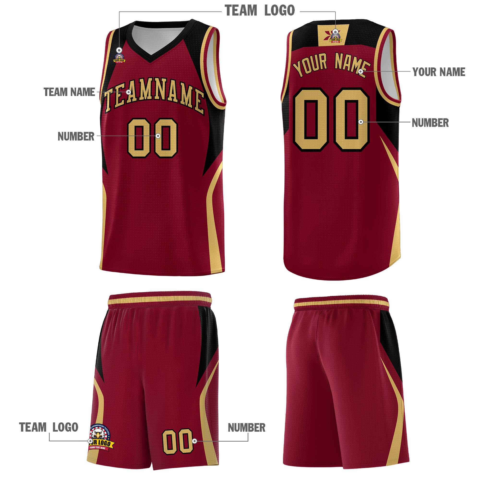Custom Crimson Old Gold and Black Color Block Sports Uniform Basketball Jersey