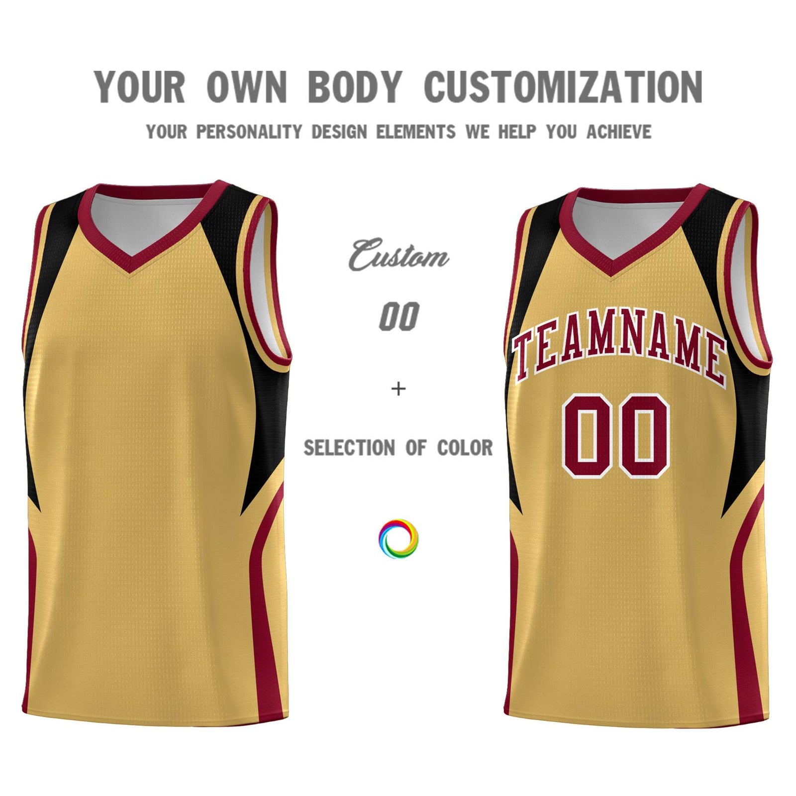 Custom Old Gold Black and Crimson Color Block Sports Uniform Basketball Jersey