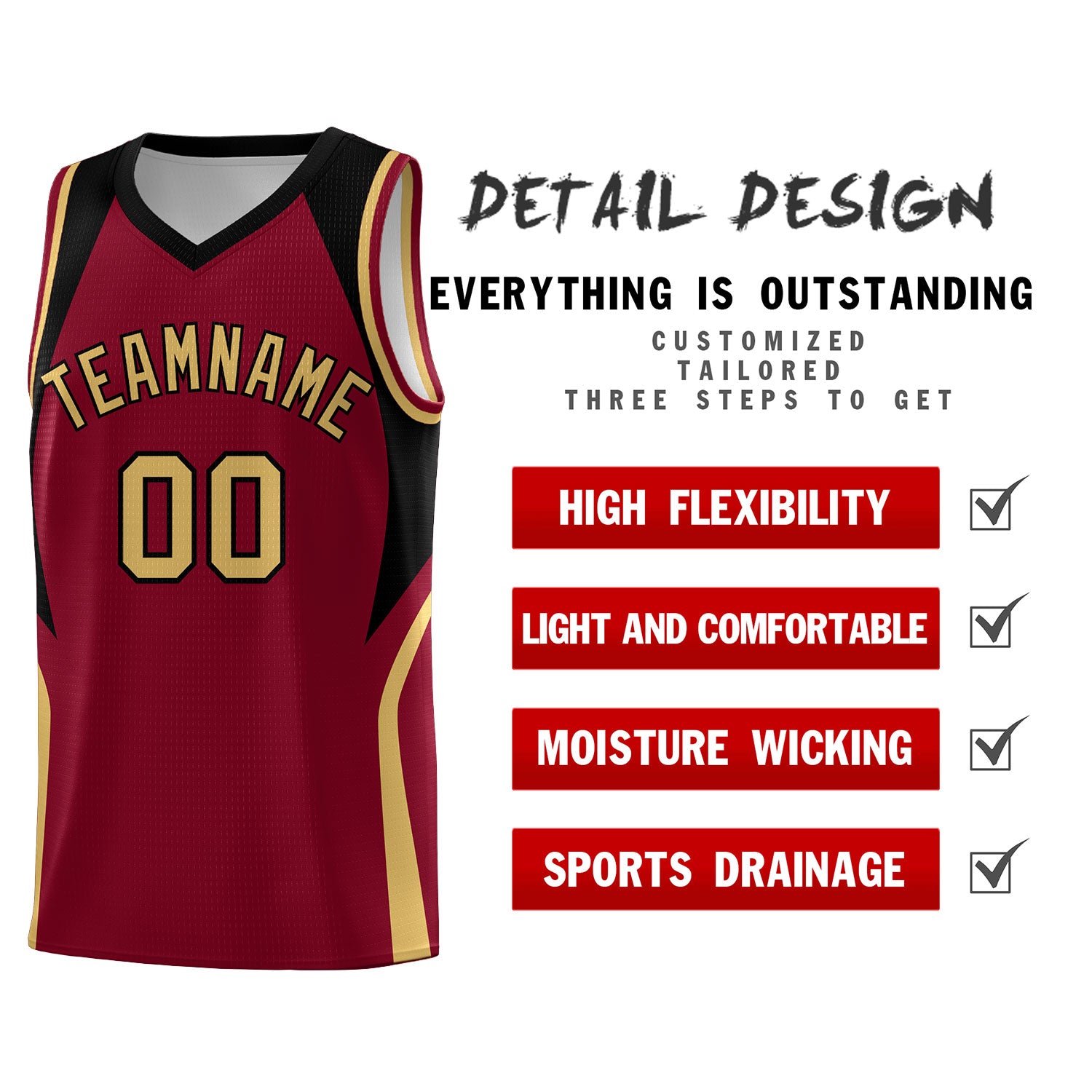 Custom Crimson Old Gold and Black Color Block Sports Uniform Basketball Jersey