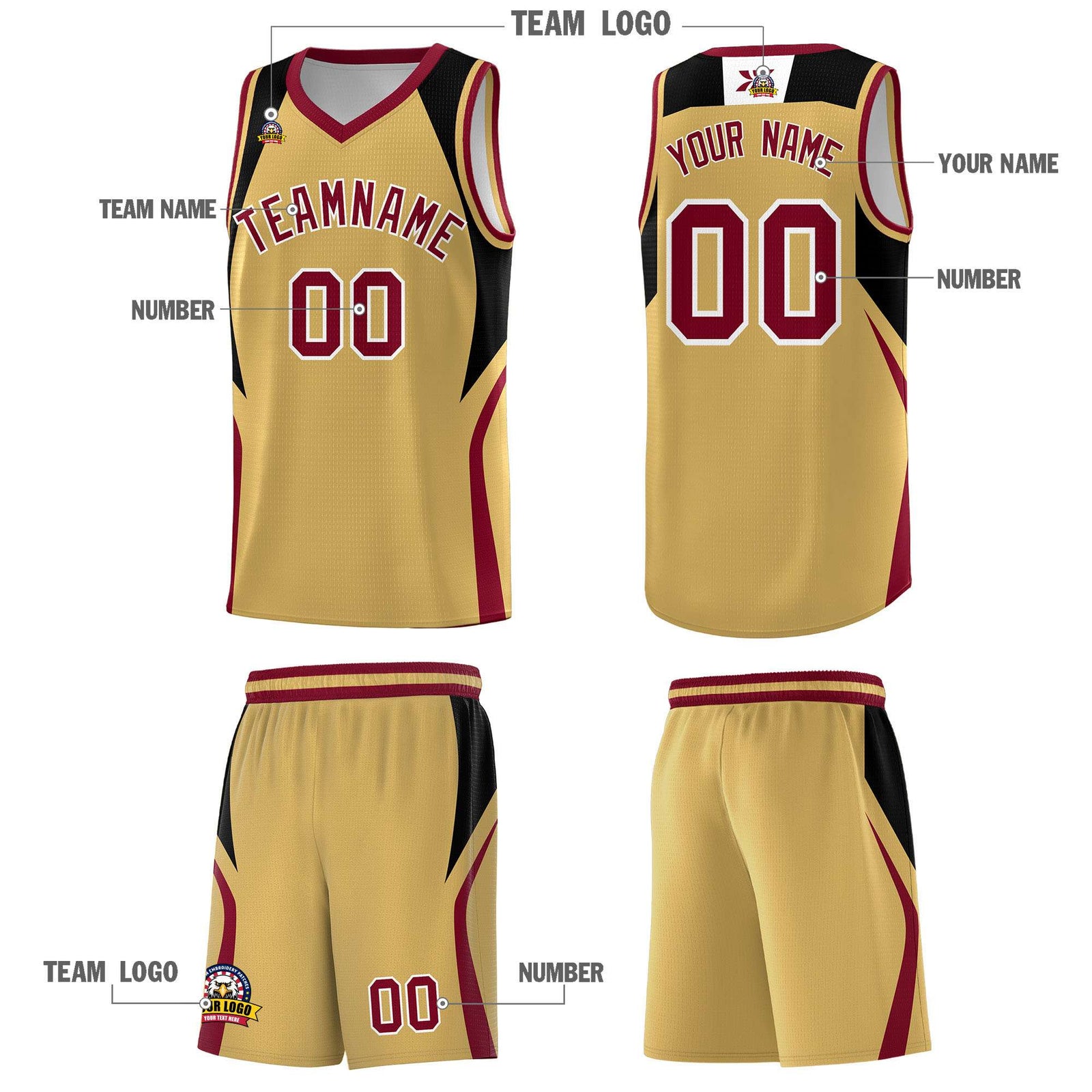 Custom Old Gold Black and Crimson Color Block Sports Uniform Basketball Jersey