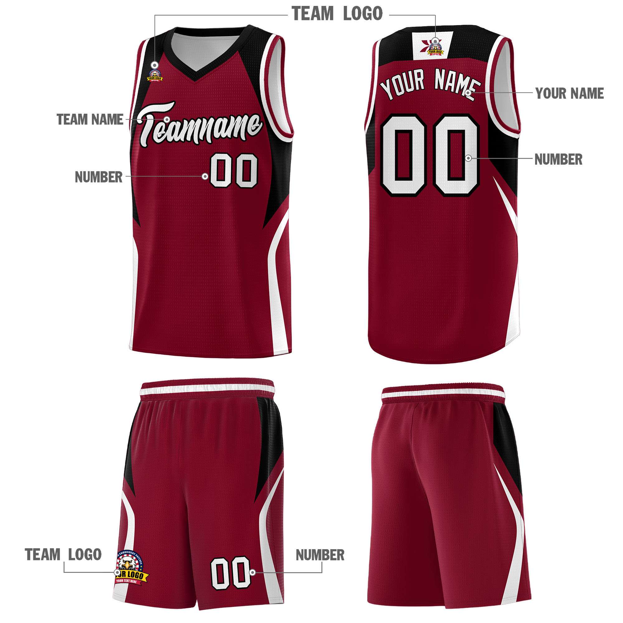 Custom Crimson Black and White Color Block Sports Uniform Basketball Jersey