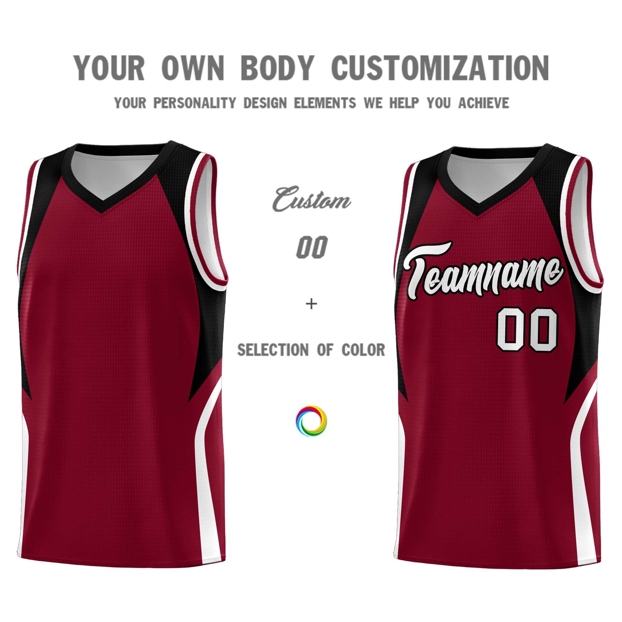 Custom Crimson Black and White Color Block Sports Uniform Basketball Jersey