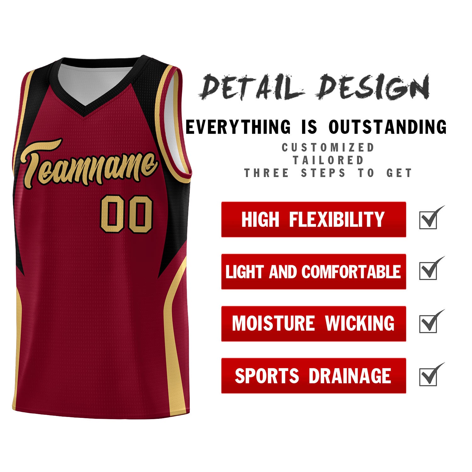 Custom Crimson Old Gold and Black Color Block Sports Uniform Basketball Jersey