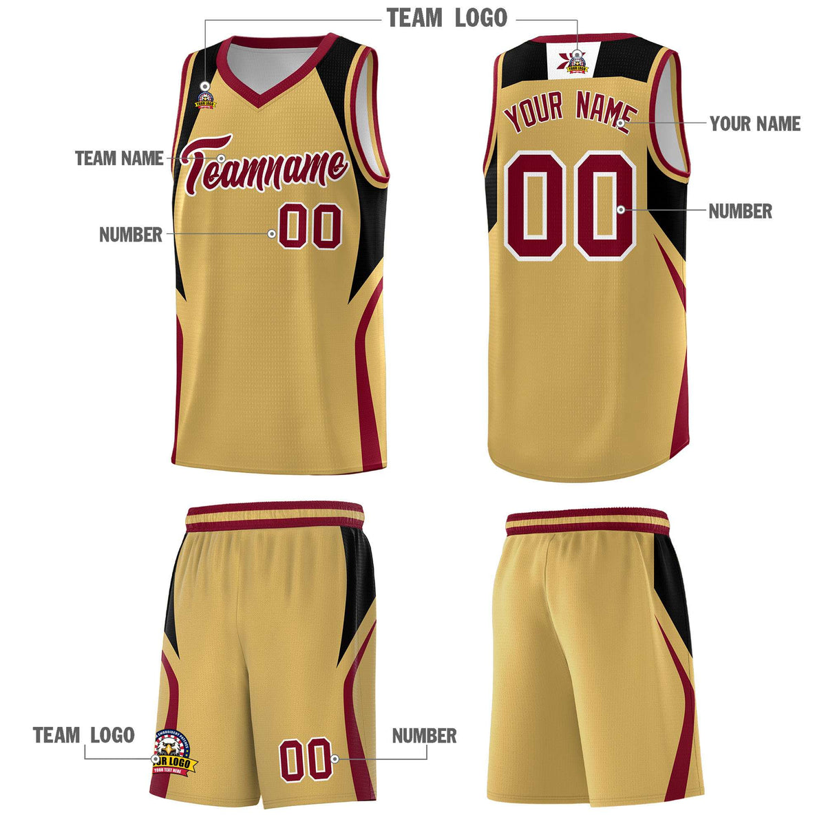Custom Old Gold Black and Crimson Color Block Sports Uniform Basketball Jersey