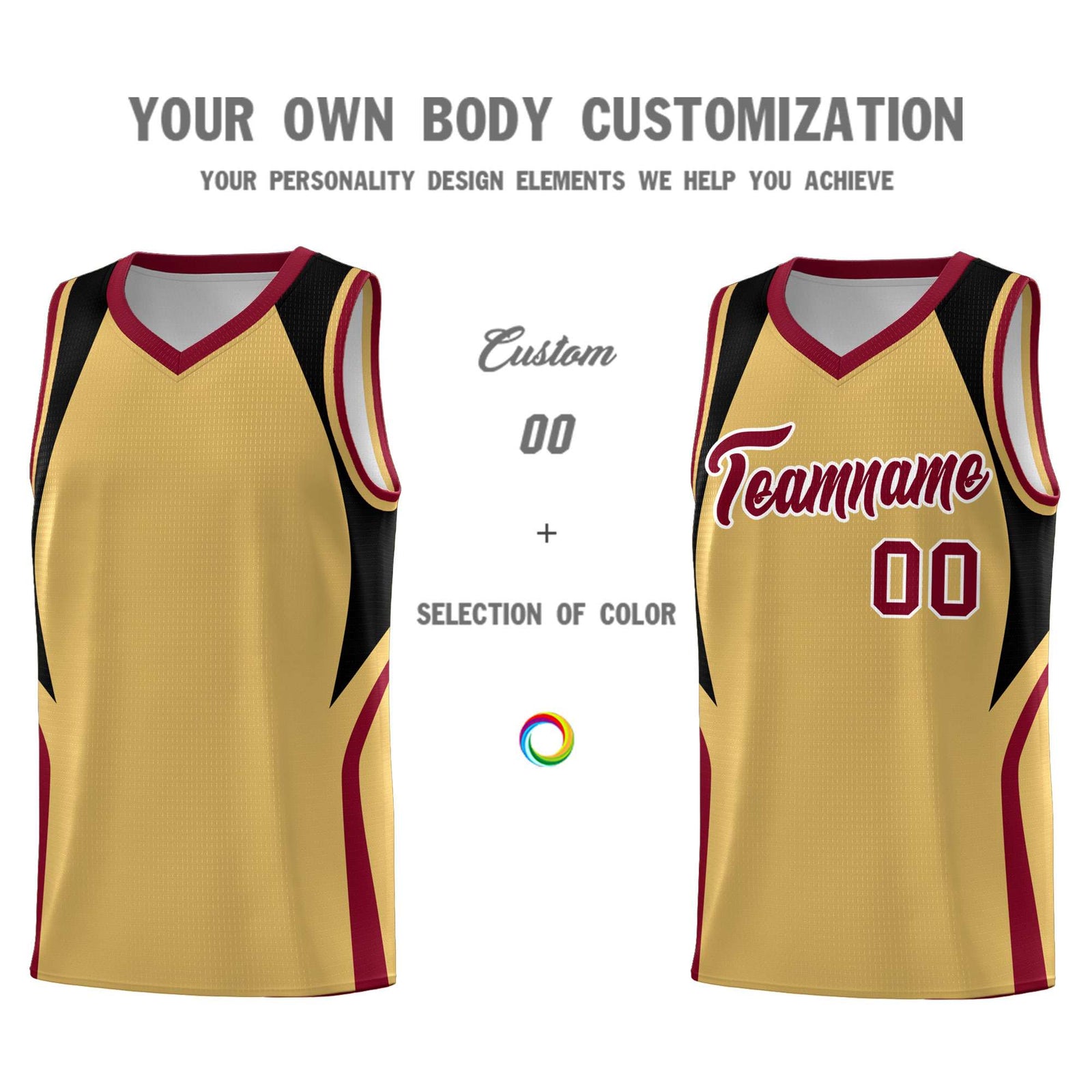 Custom Old Gold Black and Crimson Color Block Sports Uniform Basketball Jersey