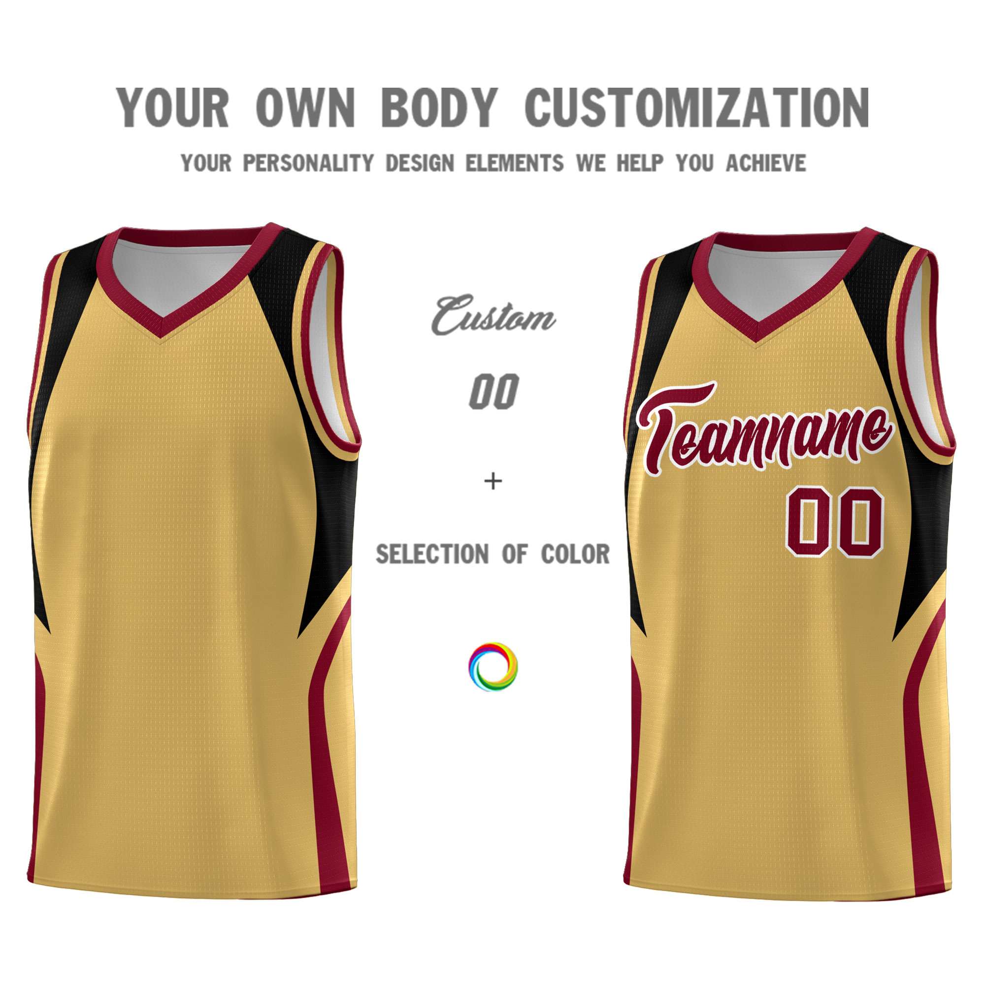 Custom Old Gold Black and Crimson Color Block Sports Uniform Basketball Jersey