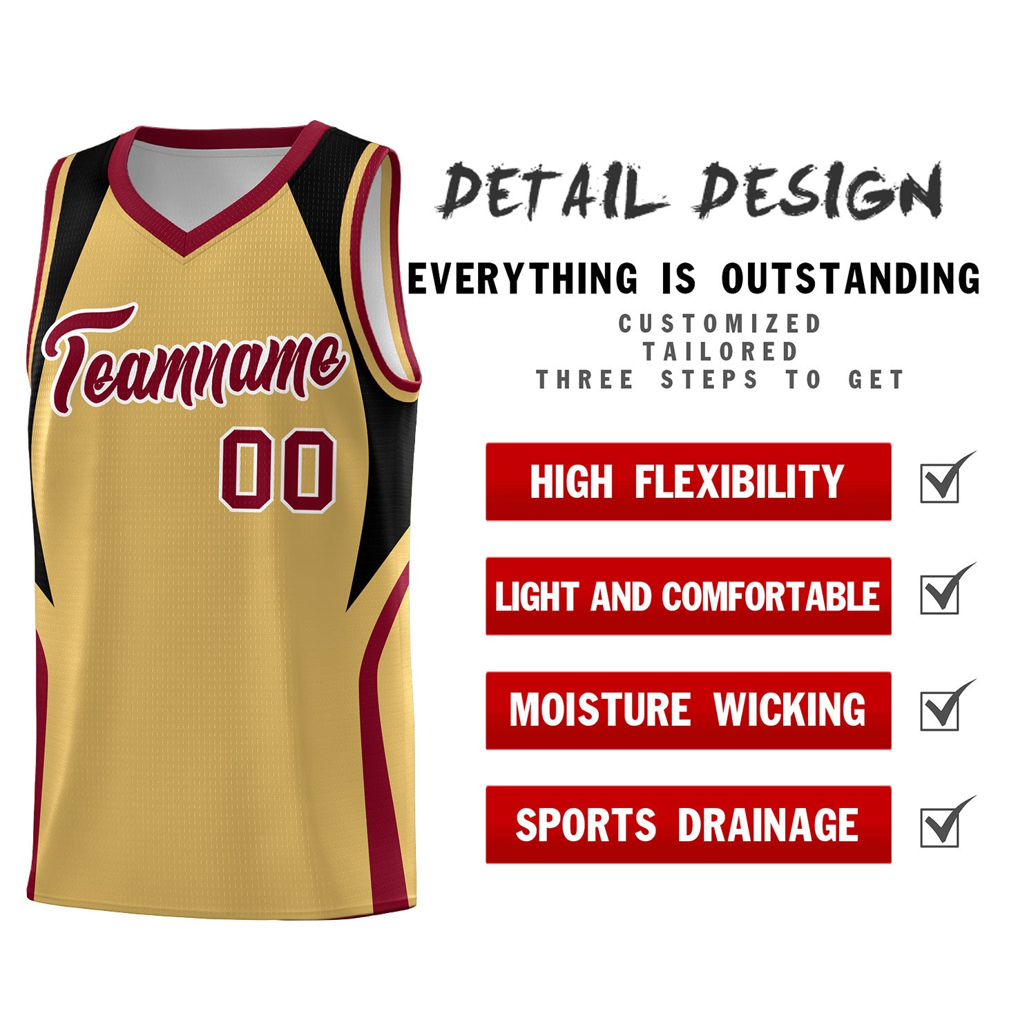 Custom Old Gold Black and Crimson Color Block Sports Uniform Basketball Jersey
