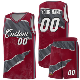 Custom Crimson Gray-Dark Gray Tear Graffiti Pattern Sports Uniform Basketball Jersey - Style 1