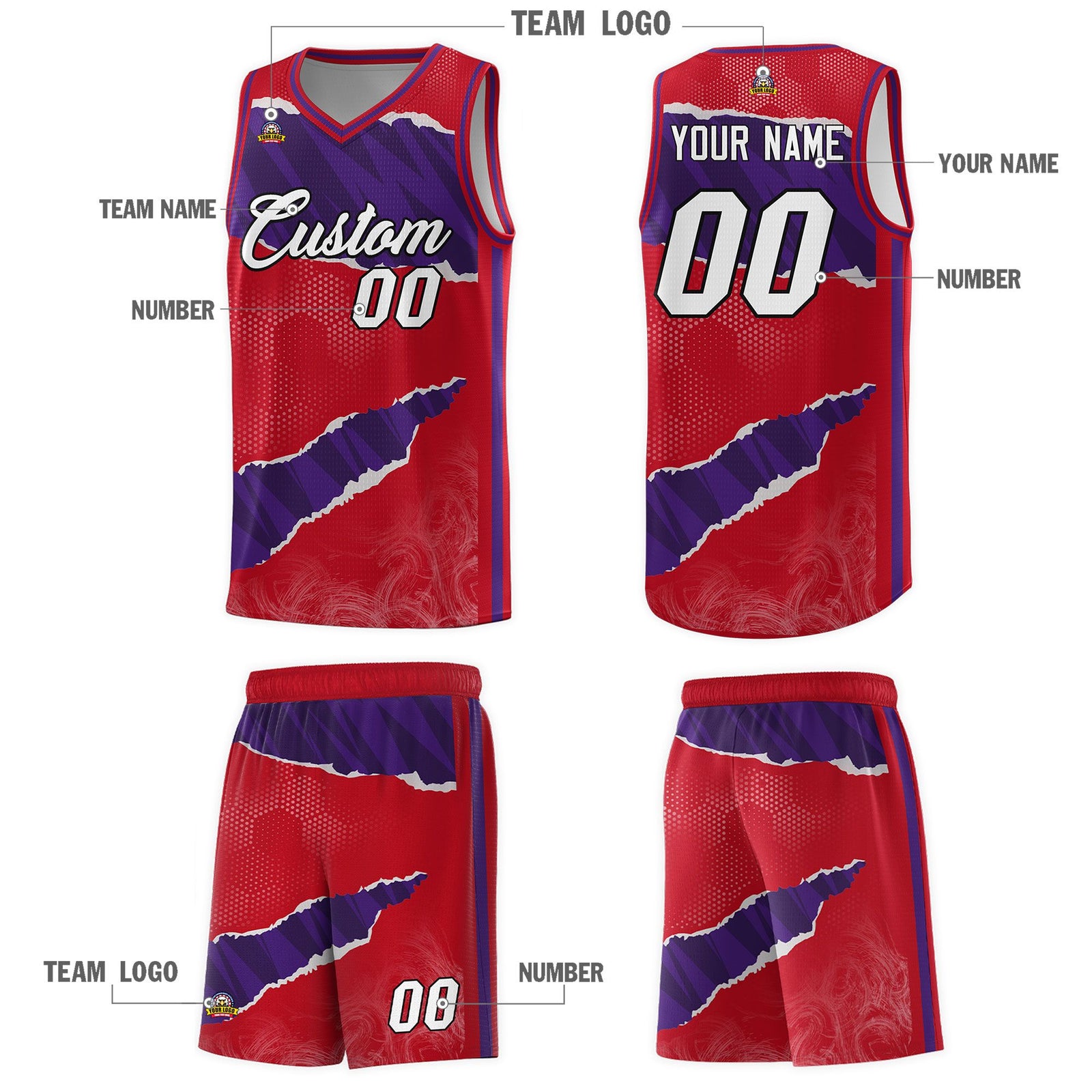 Custom Red Purple-Black Tear Graffiti Pattern Sports Uniform Basketball Jersey