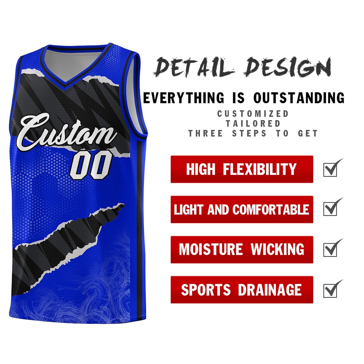Custom Royal Black-White Tear Graffiti Pattern Sports Uniform Basketball Jersey