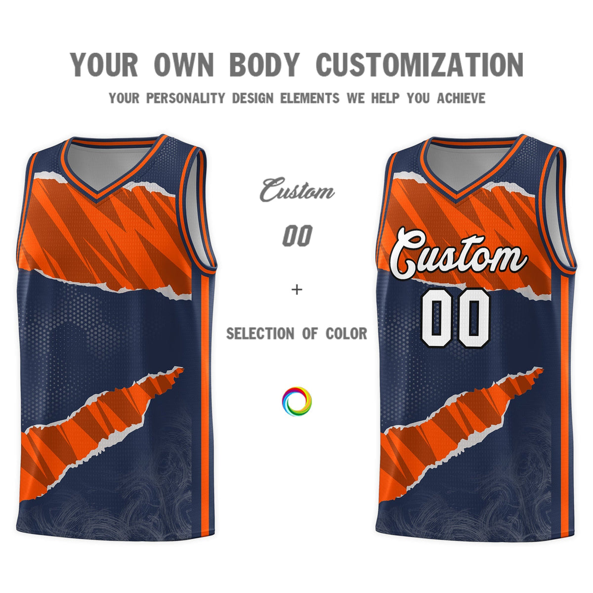 Custom Midnight Blue Orange-Black Tear Graffiti Pattern Sports Uniform Basketball Jersey