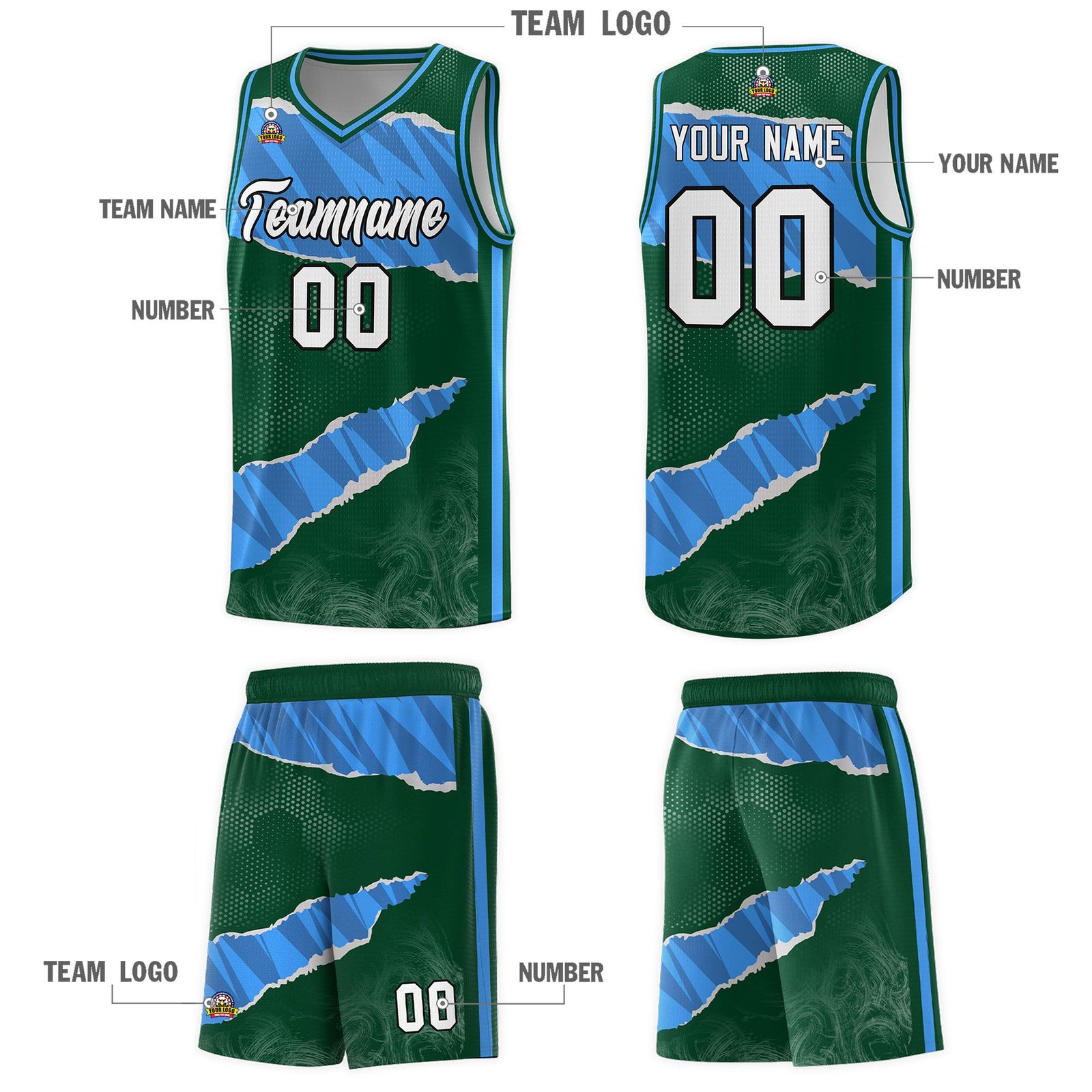 Custom Hunter Green Light Blue-Navy Tear Graffiti Pattern Sports Uniform Basketball Jersey