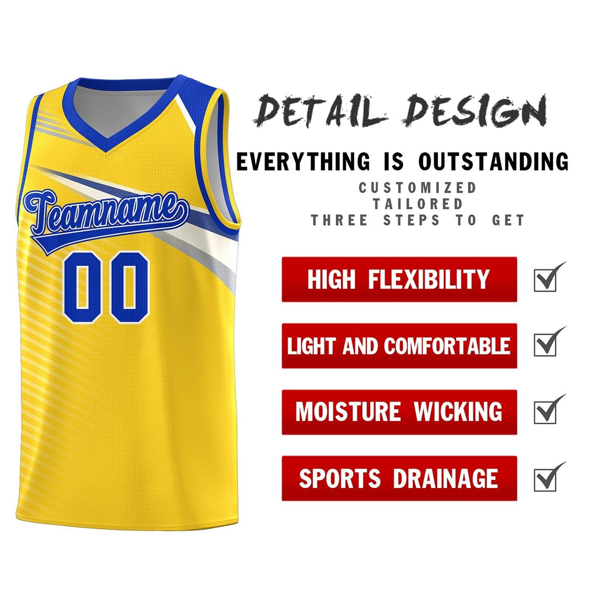 Custom Gold Royal-White Chest Color Block Sports Uniform Basketball Jersey