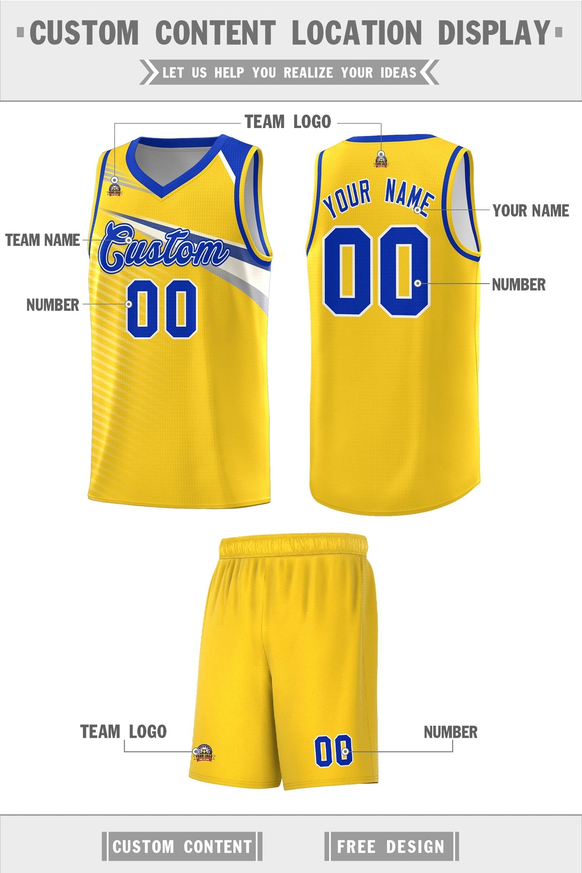Custom Gold Royal-White Chest Color Block Sports Uniform Basketball Jersey