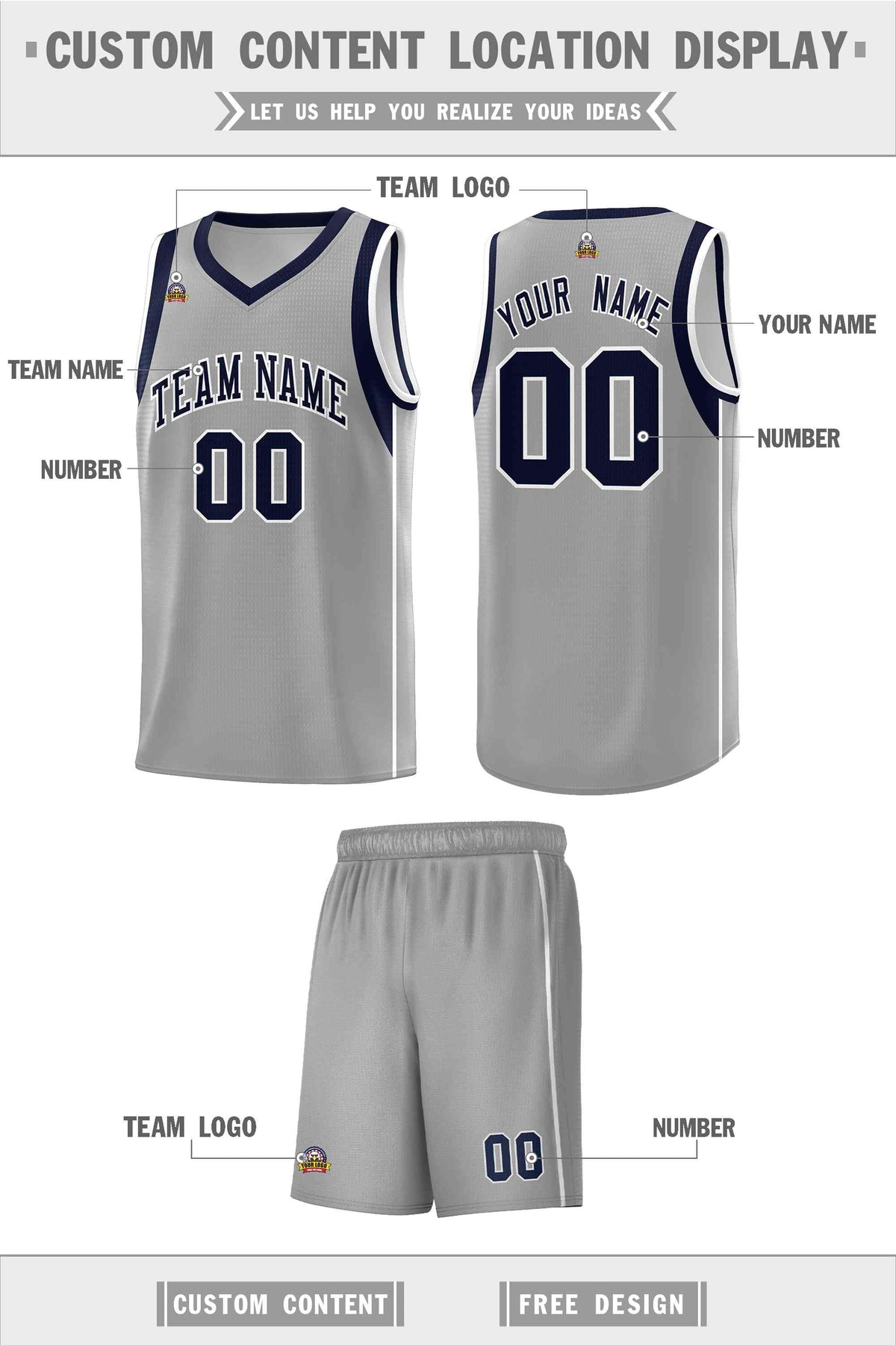 Custom Gray Navy-White Sleeve Color Blocking Classic Sets Sports Uniform Basketball Jersey