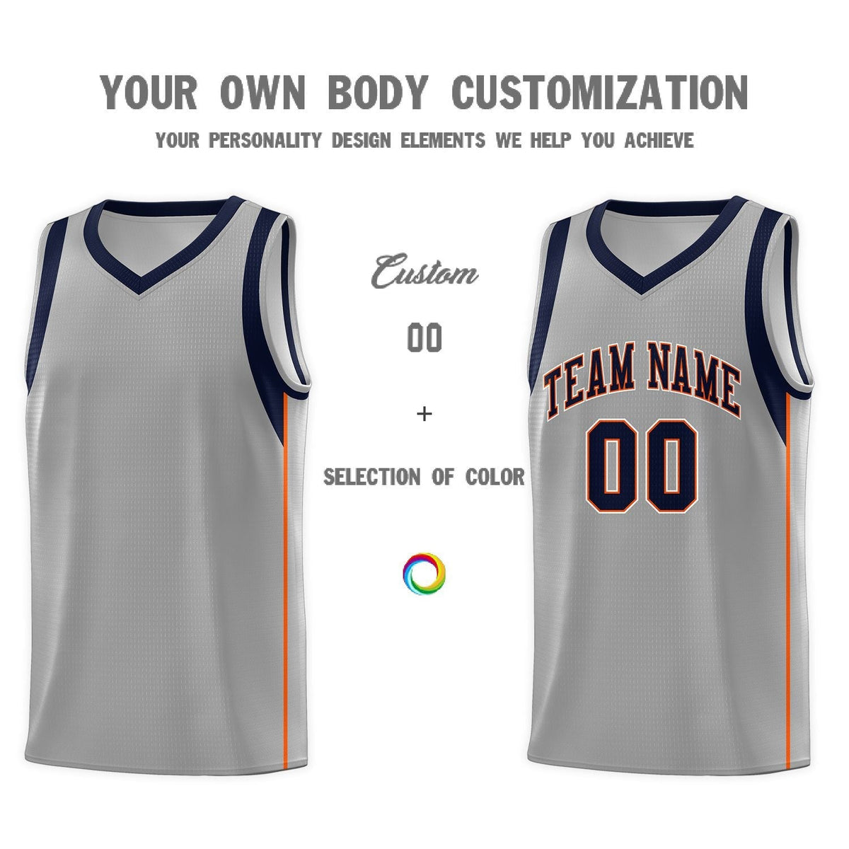 Custom Gray Navy-Orange Sleeve Color Blocking Classic Sets Sports Uniform Basketball Jersey
