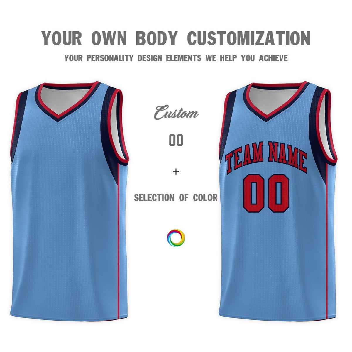 Custom Light Blue Navy-Red Sleeve Color Blocking Classic Sets Sports Uniform Basketball Jersey