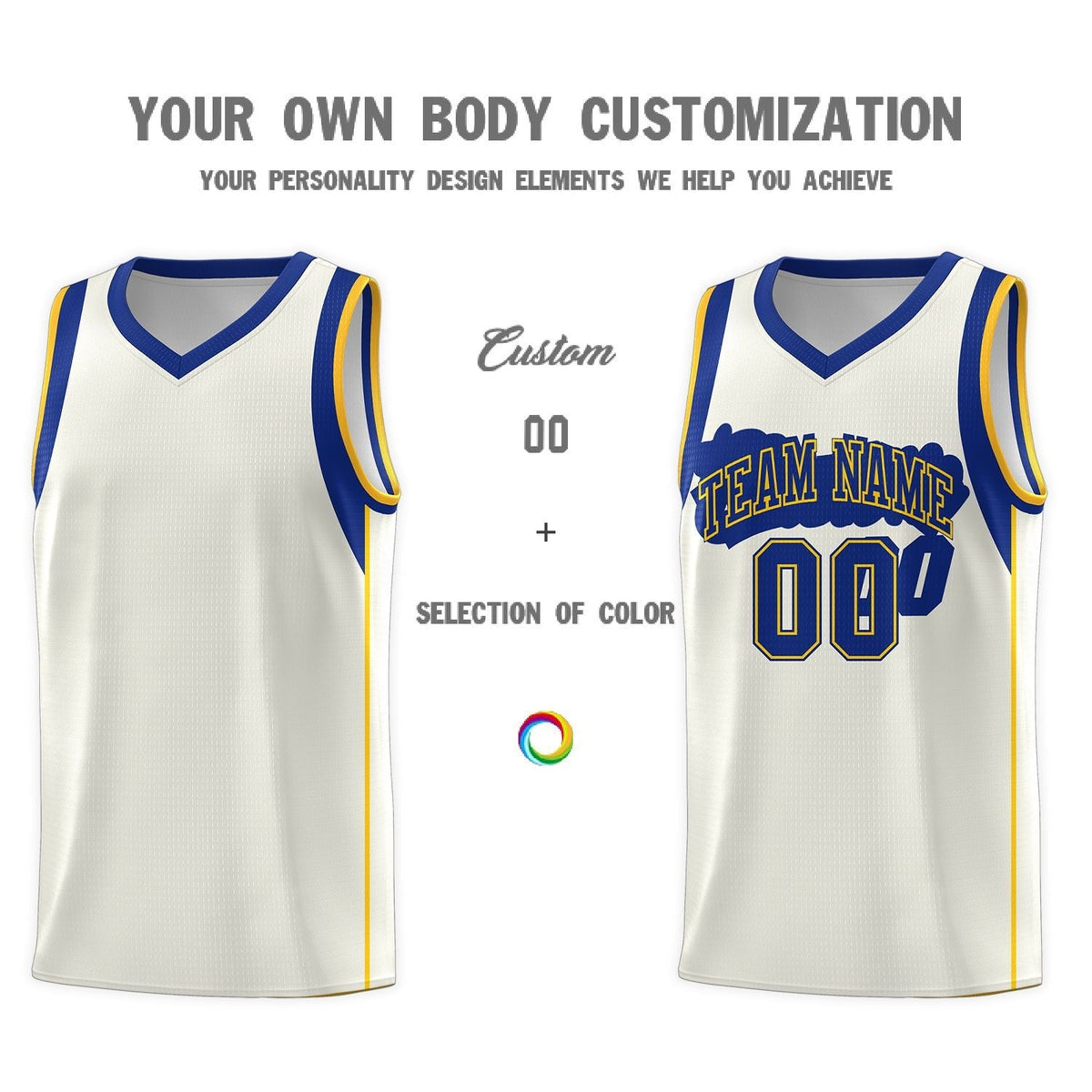 Custom Cream Royal-Gold Sleeve Color Blocking Classic Sets Sports Uniform Basketball Jersey
