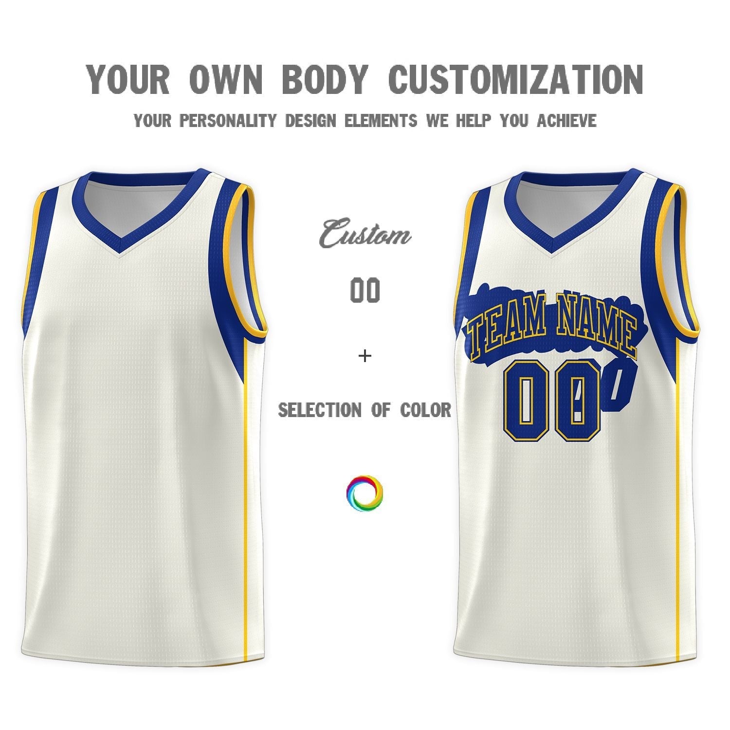 Custom Cream Royal-Gold Sleeve Color Blocking Classic Sets Sports Uniform Basketball Jersey