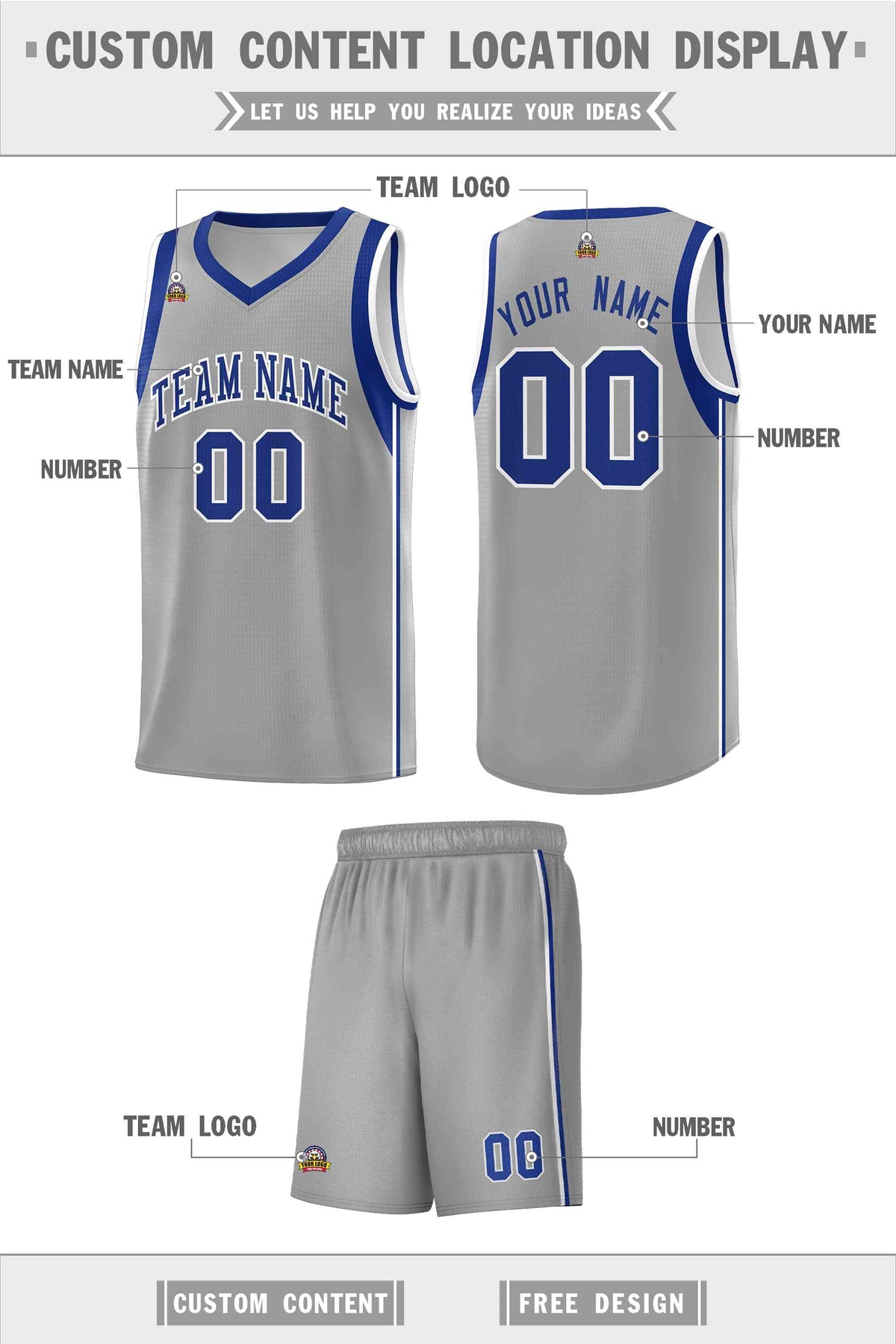 Custom Gray Royal-White Sleeve Color Blocking Classic Sets Sports Uniform Basketball Jersey