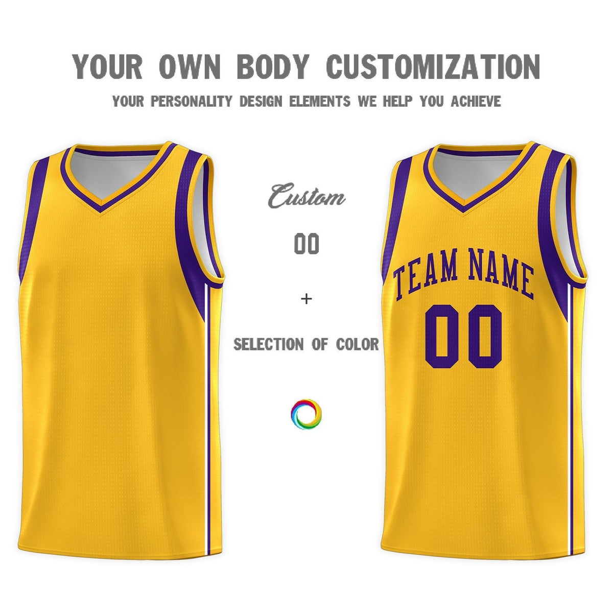 Custom Gold Purple Sleeve Color Blocking Classic Sets Sports Uniform Basketball Jersey