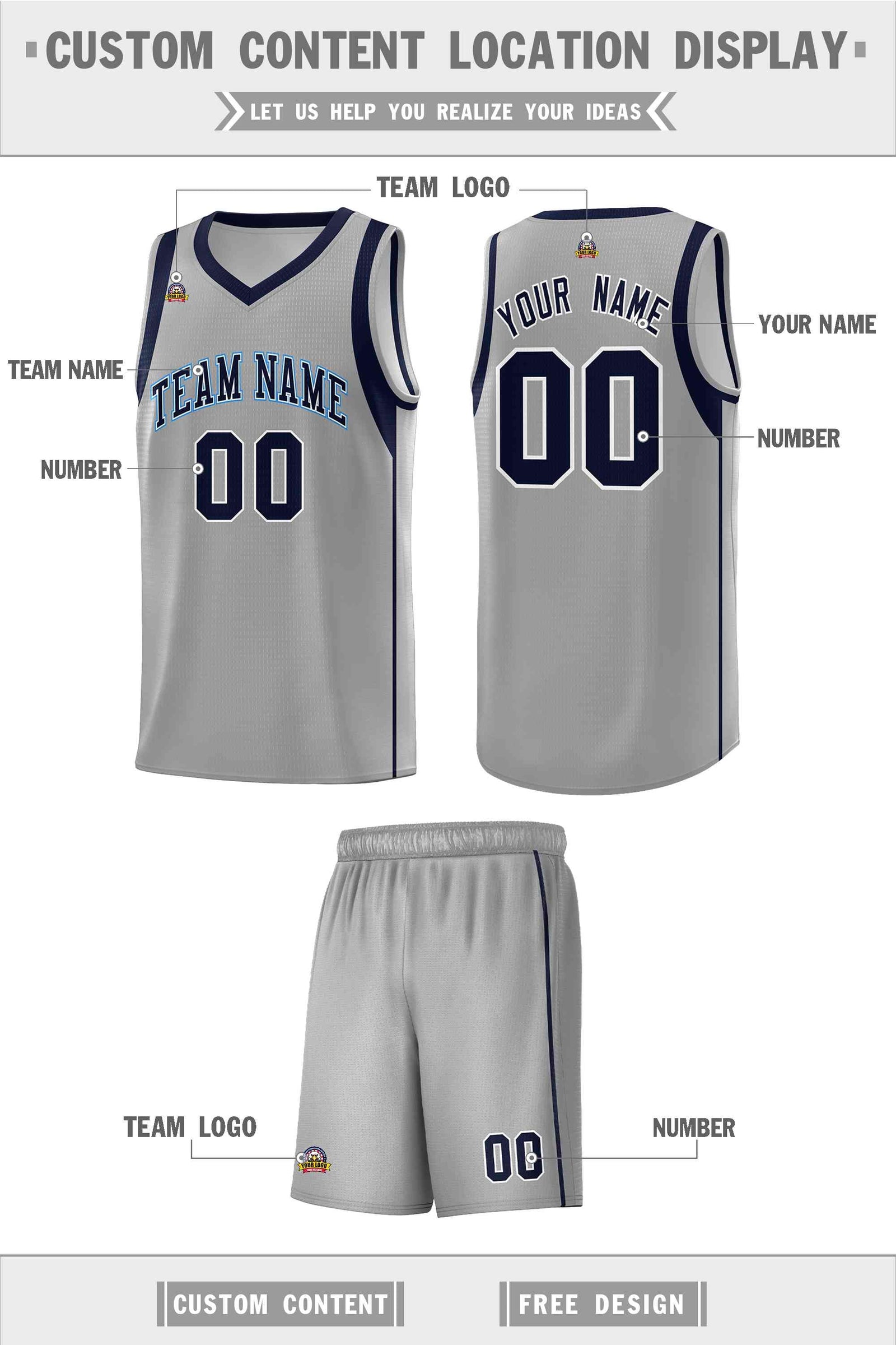 Custom Gray Navy-White Sleeve Color Blocking Classic Sets Sports Uniform Basketball Jersey