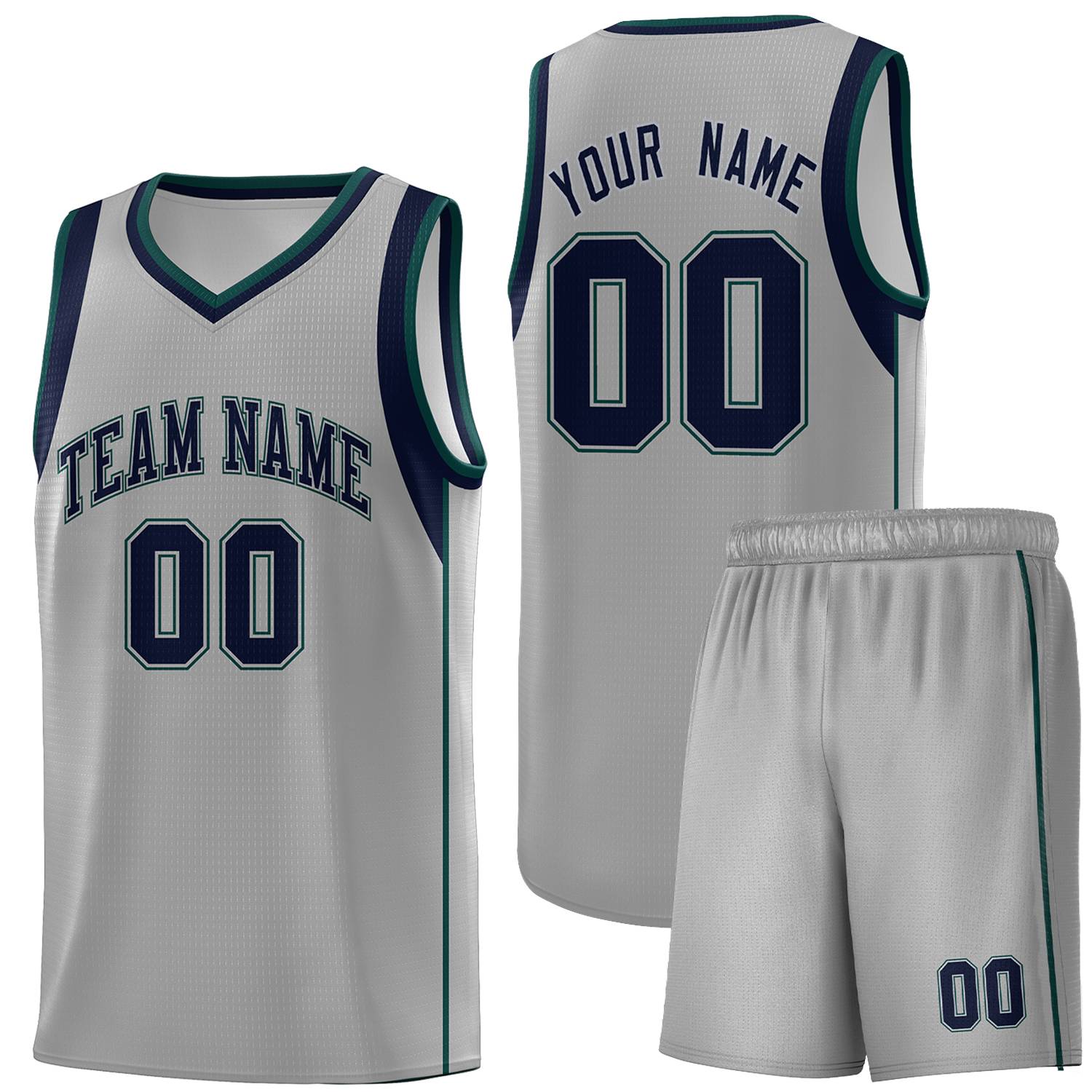 Custom Gray Navy-Green Sleeve Color Blocking Classic Sets Sports Uniform Basketball Jersey