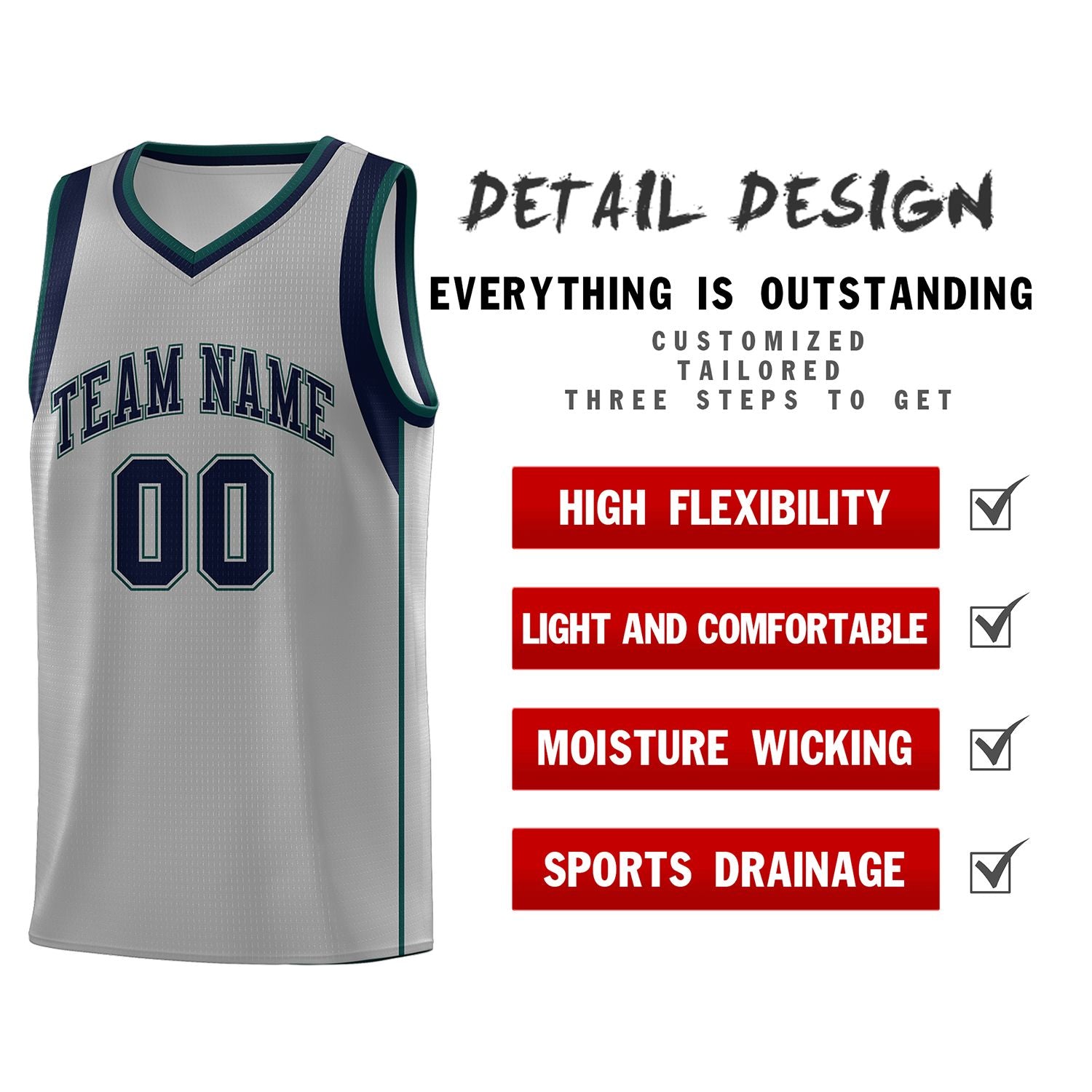 Custom Gray Navy-Green Sleeve Color Blocking Classic Sets Sports Uniform Basketball Jersey