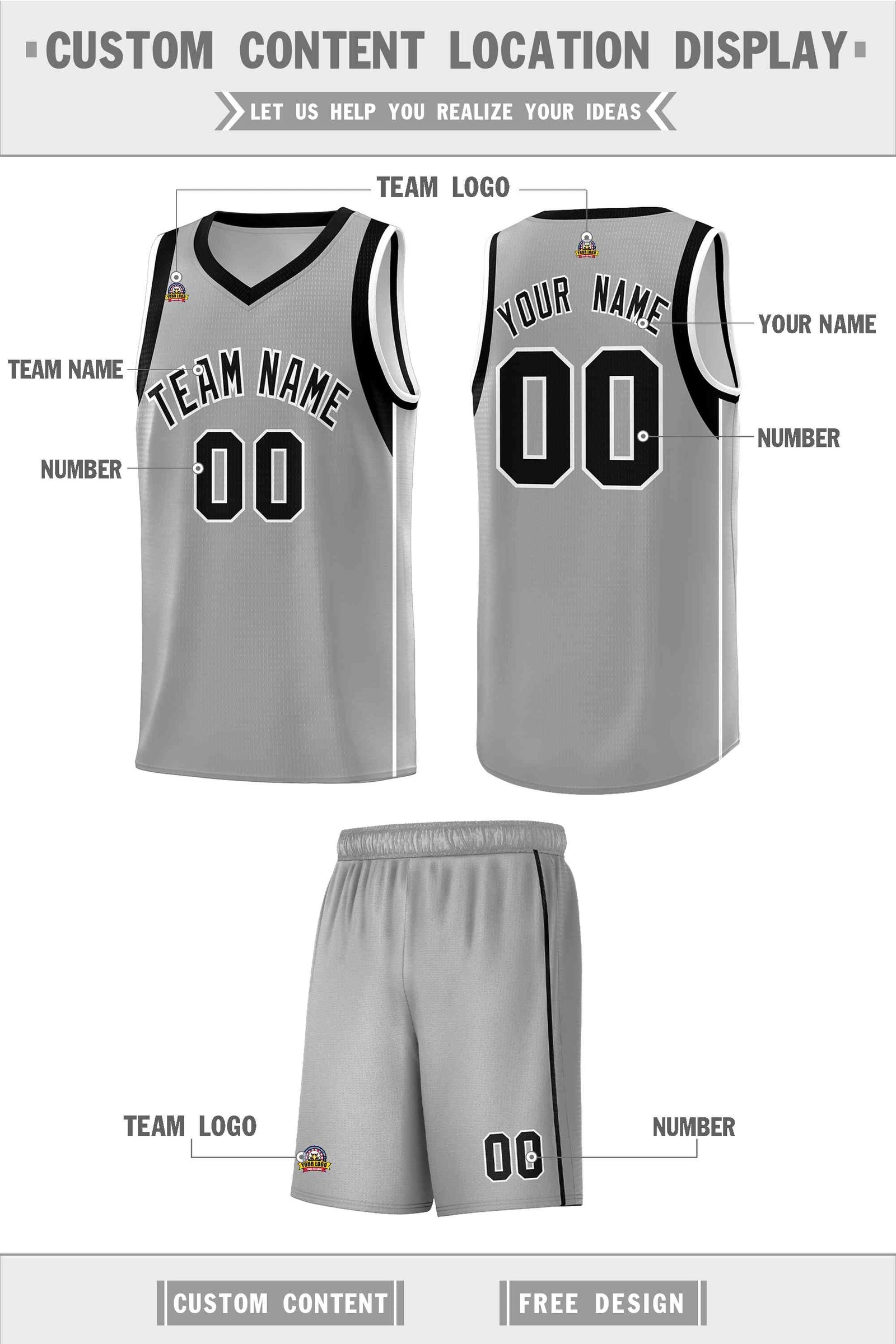 Custom Gray Black-White Sleeve Color Blocking Classic Sets Sports Uniform Basketball Jersey